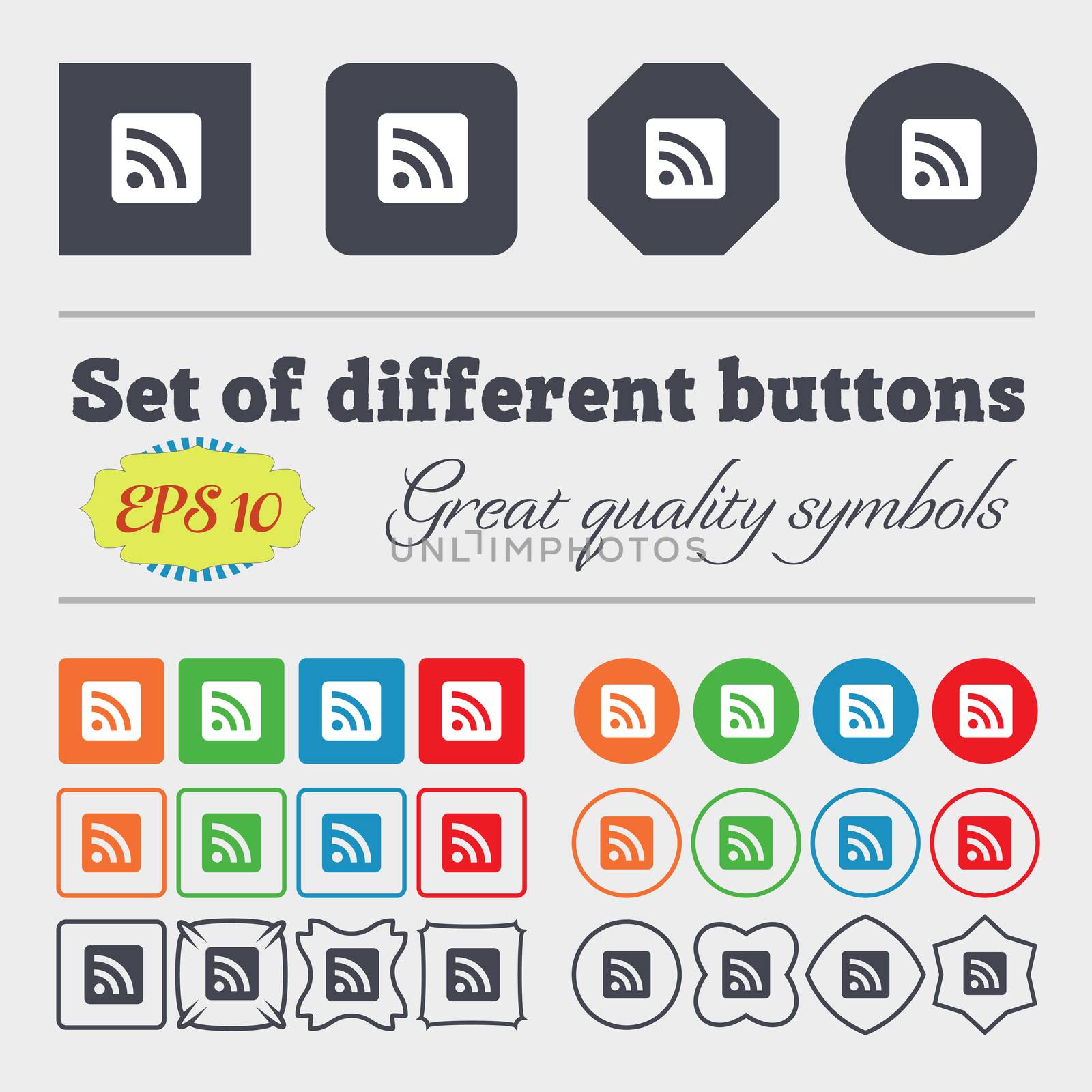 RSS feed icon sign Big set of colorful, diverse, high-quality buttons. illustration