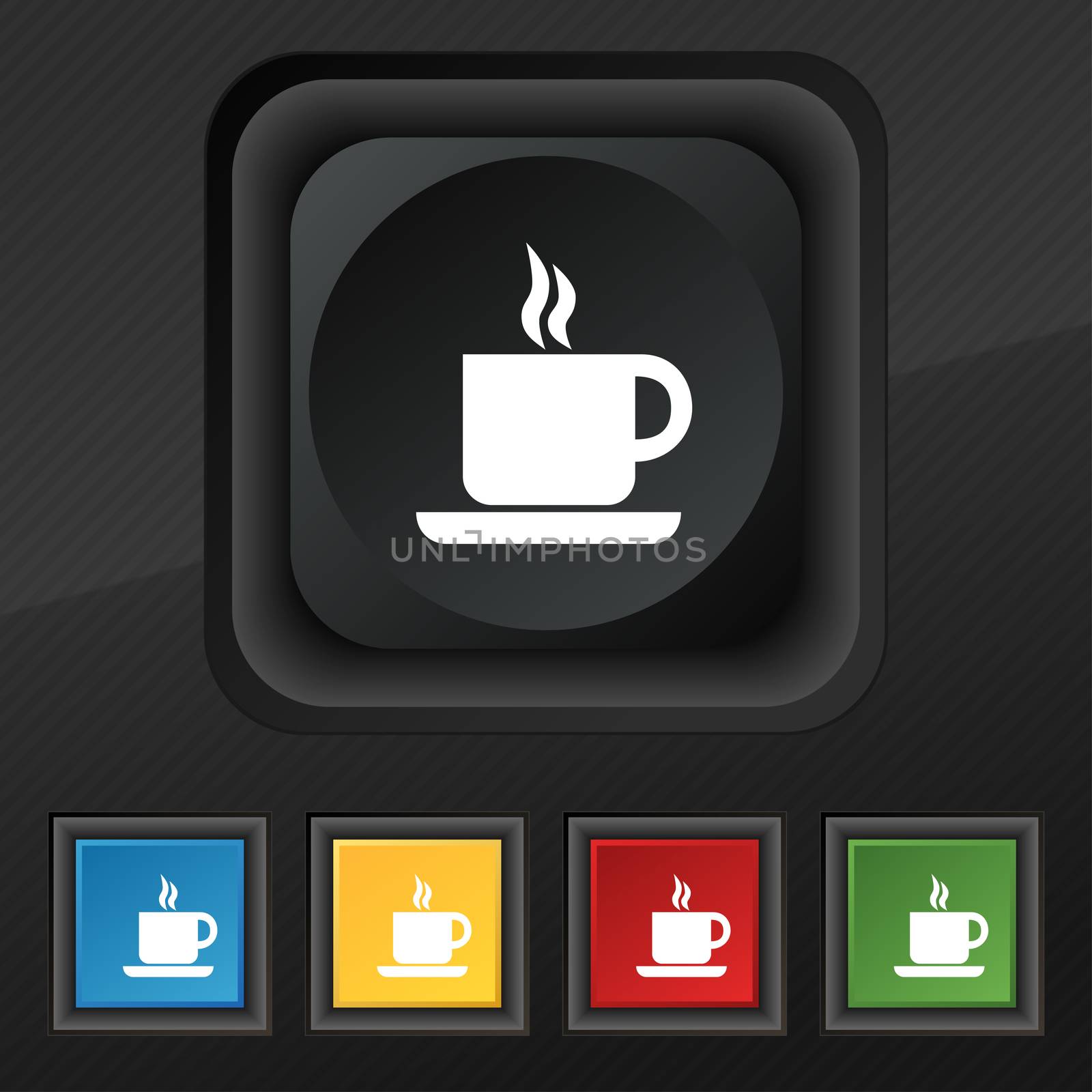 coffee icon symbol. Set of five colorful, stylish buttons on black texture for your design.  by serhii_lohvyniuk