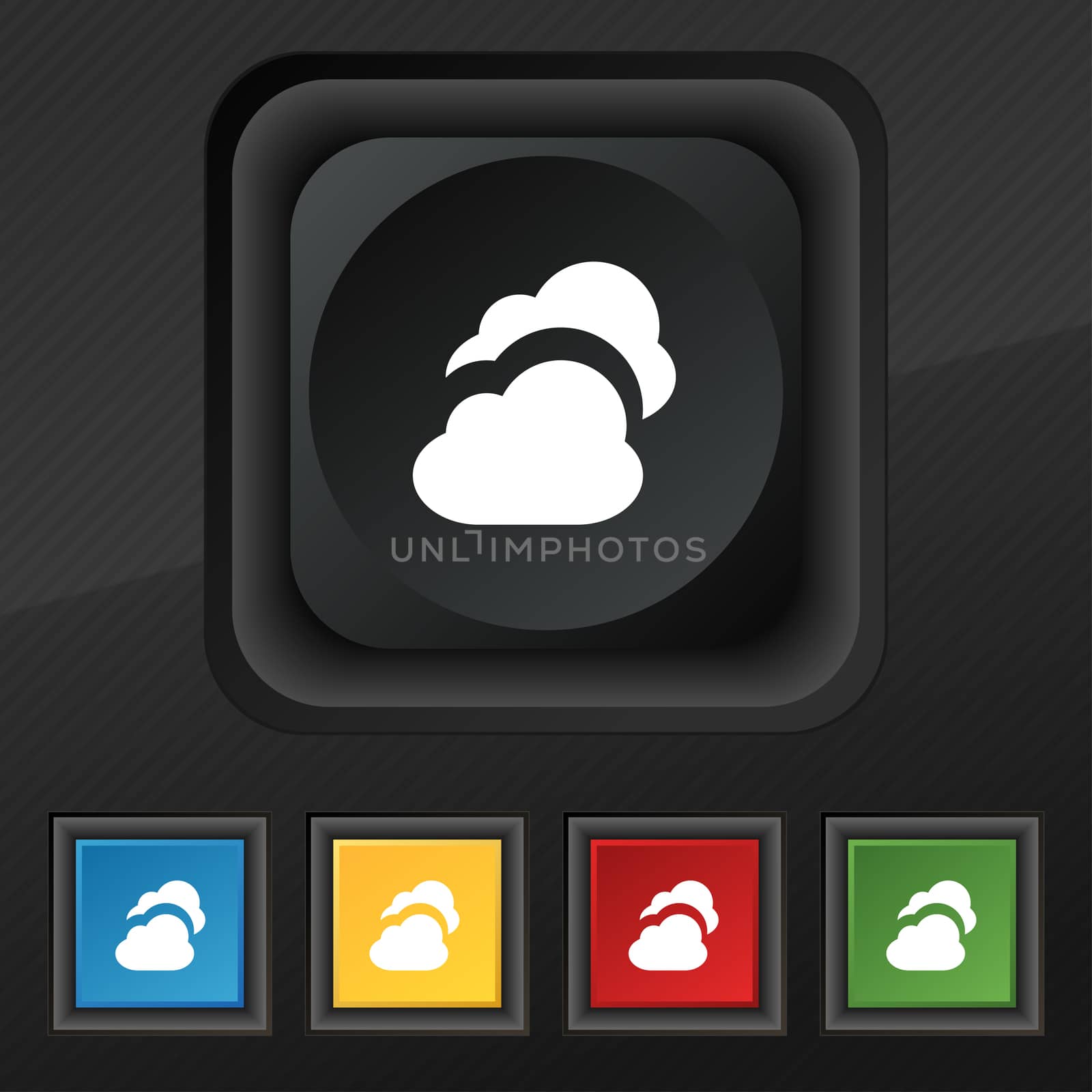 Cloud icon symbol. Set of five colorful, stylish buttons on black texture for your design.  by serhii_lohvyniuk