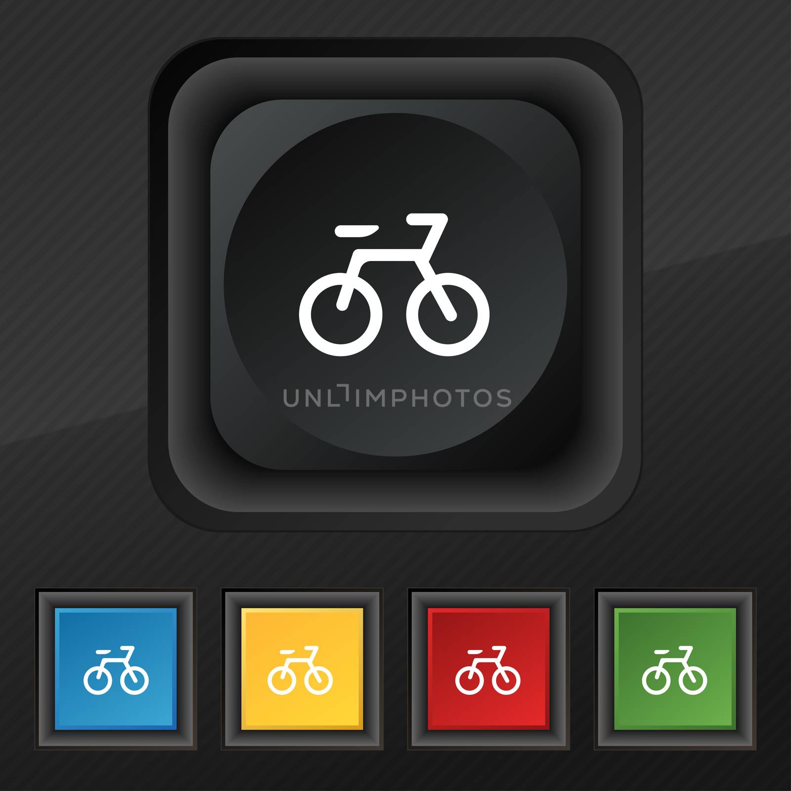 Bicycle icon symbol. Set of five colorful, stylish buttons on black texture for your design.  by serhii_lohvyniuk