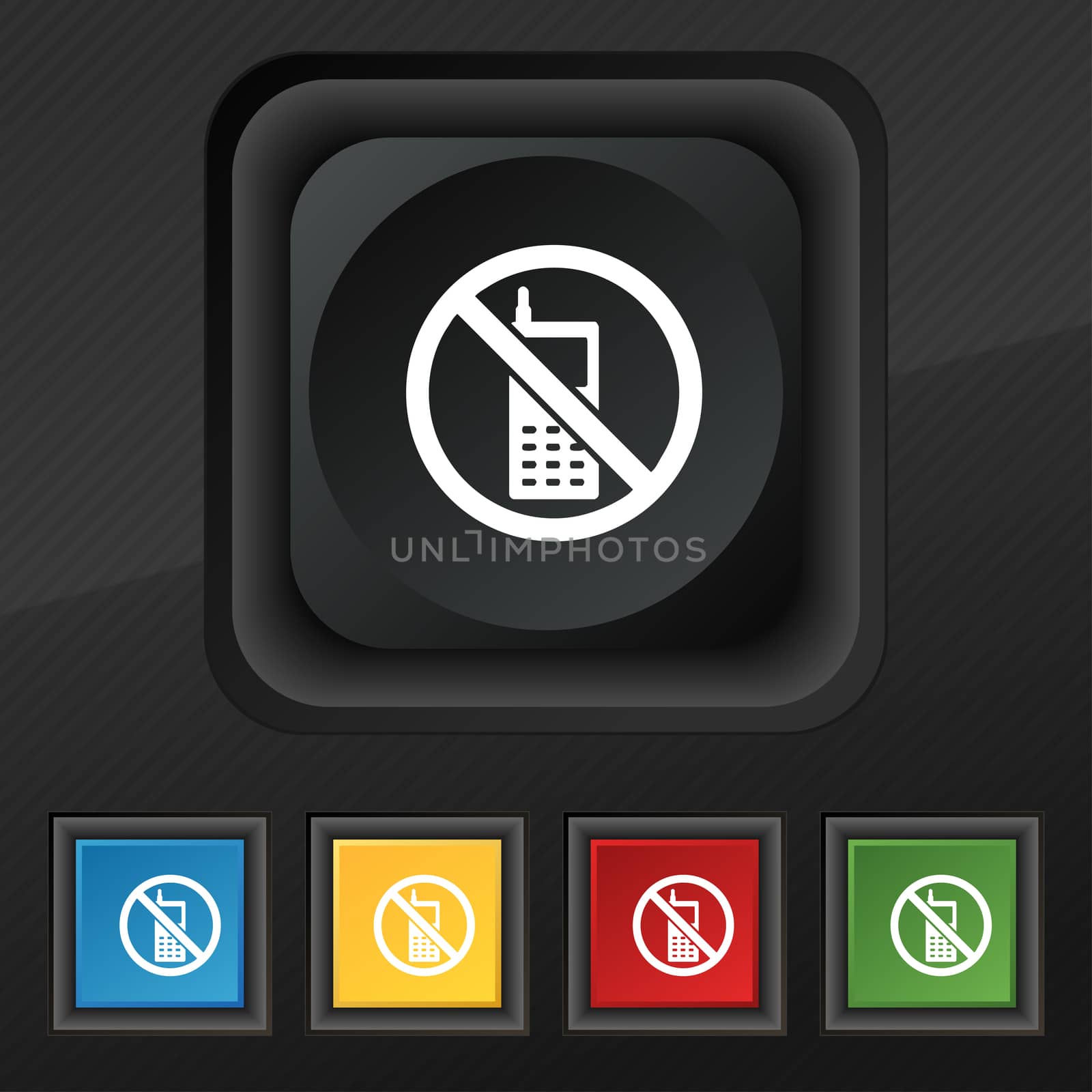 mobile phone is prohibited icon symbol. Set of five colorful, stylish buttons on black texture for your design. illustration