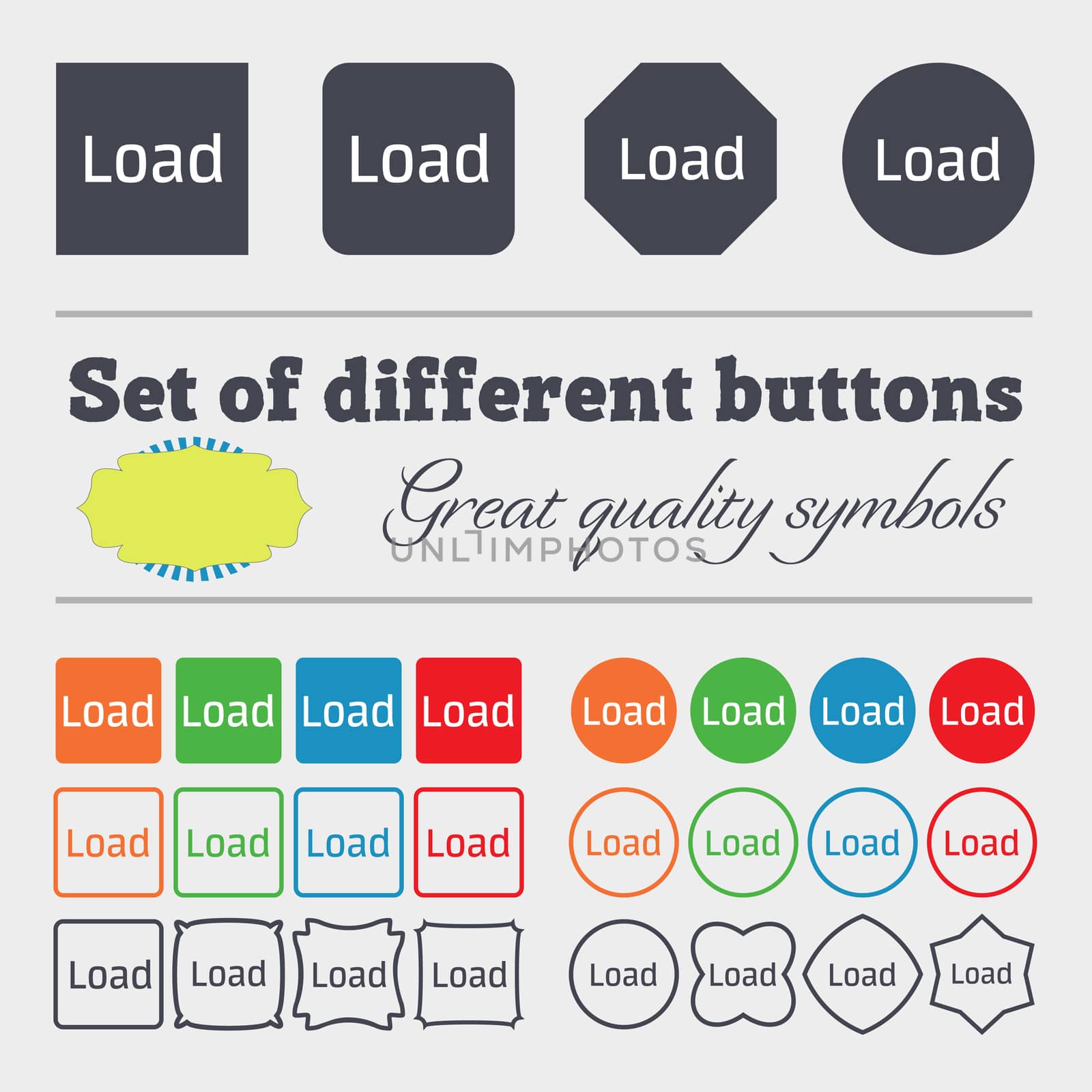 Download now icon. Load symbol. Big set of colorful, diverse, high-quality buttons. illustration