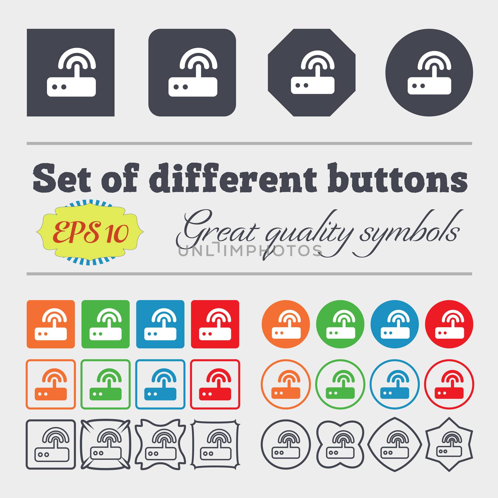 Wi fi router icon sign. Big set of colorful, diverse, high-quality buttons.  by serhii_lohvyniuk