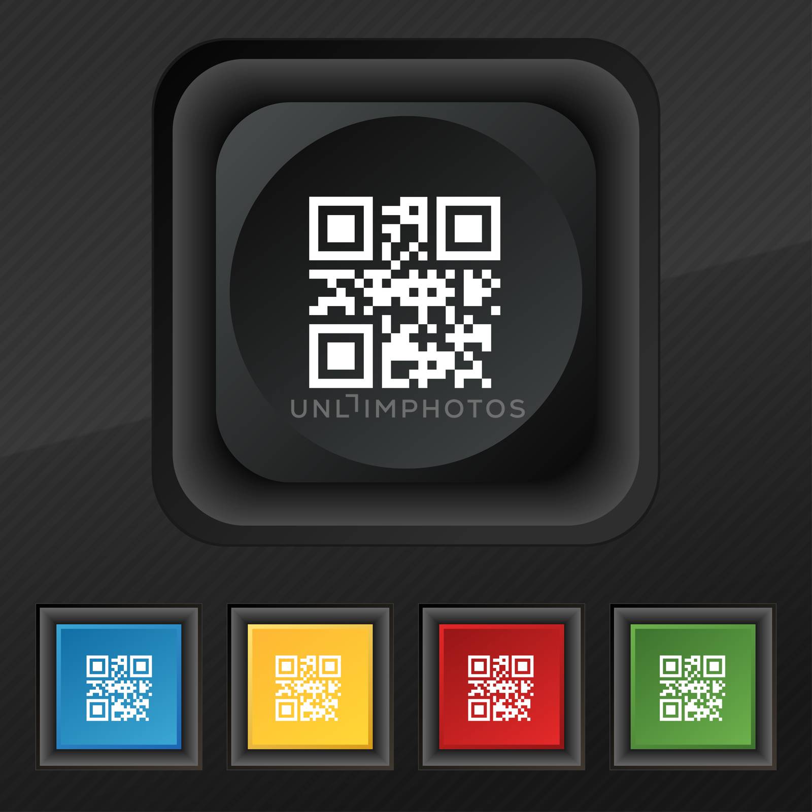Qr code icon symbol. Set of five colorful, stylish buttons on black texture for your design.  by serhii_lohvyniuk