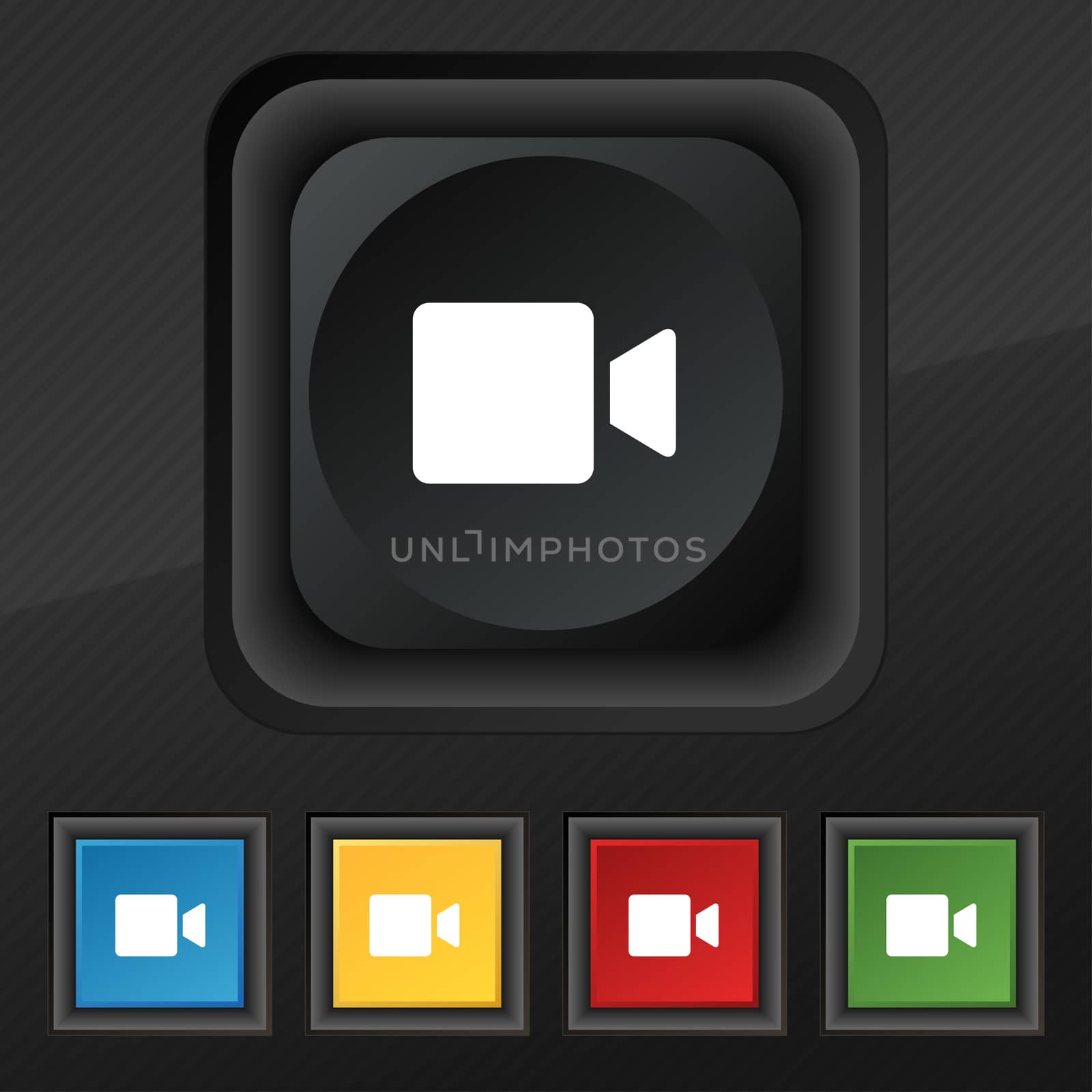 Video camera icon symbol. Set of five colorful, stylish buttons on black texture for your design.  by serhii_lohvyniuk