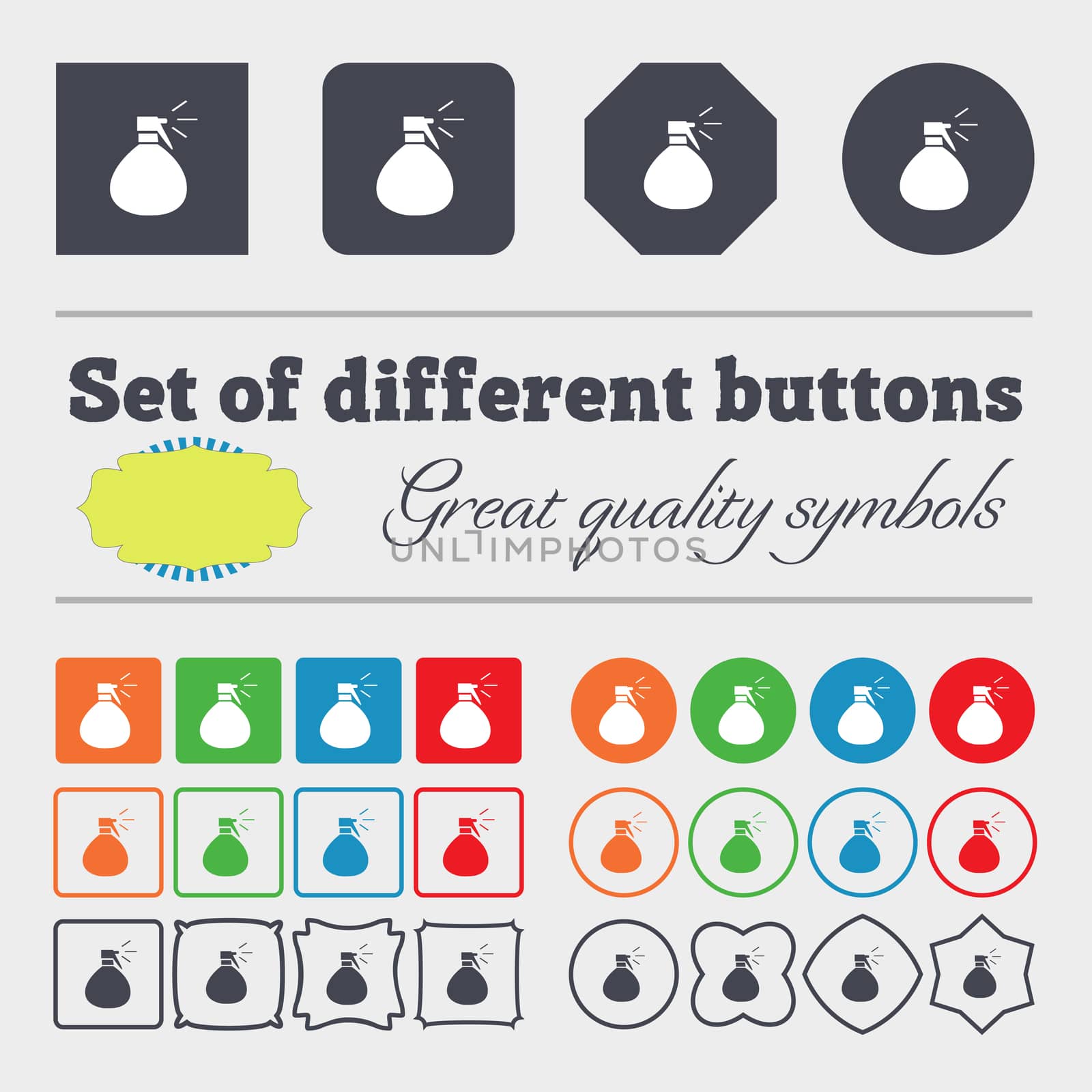 plastic spray of water icon sign. Big set of colorful, diverse, high-quality buttons.  by serhii_lohvyniuk