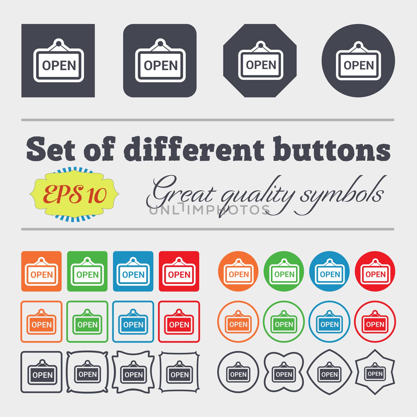 open icon sign. Big set of colorful, diverse, high-quality buttons. illustration