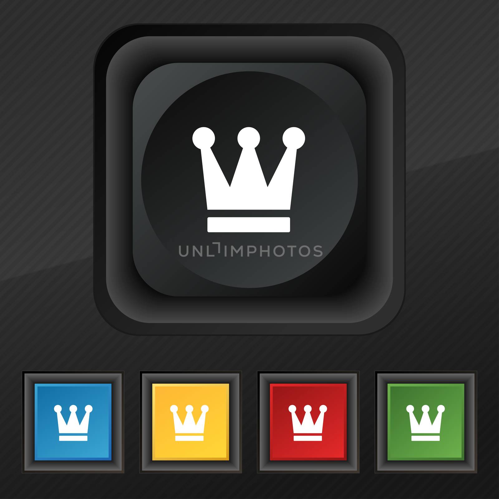 King, Crown icon symbol. Set of five colorful, stylish buttons on black texture for your design.  by serhii_lohvyniuk