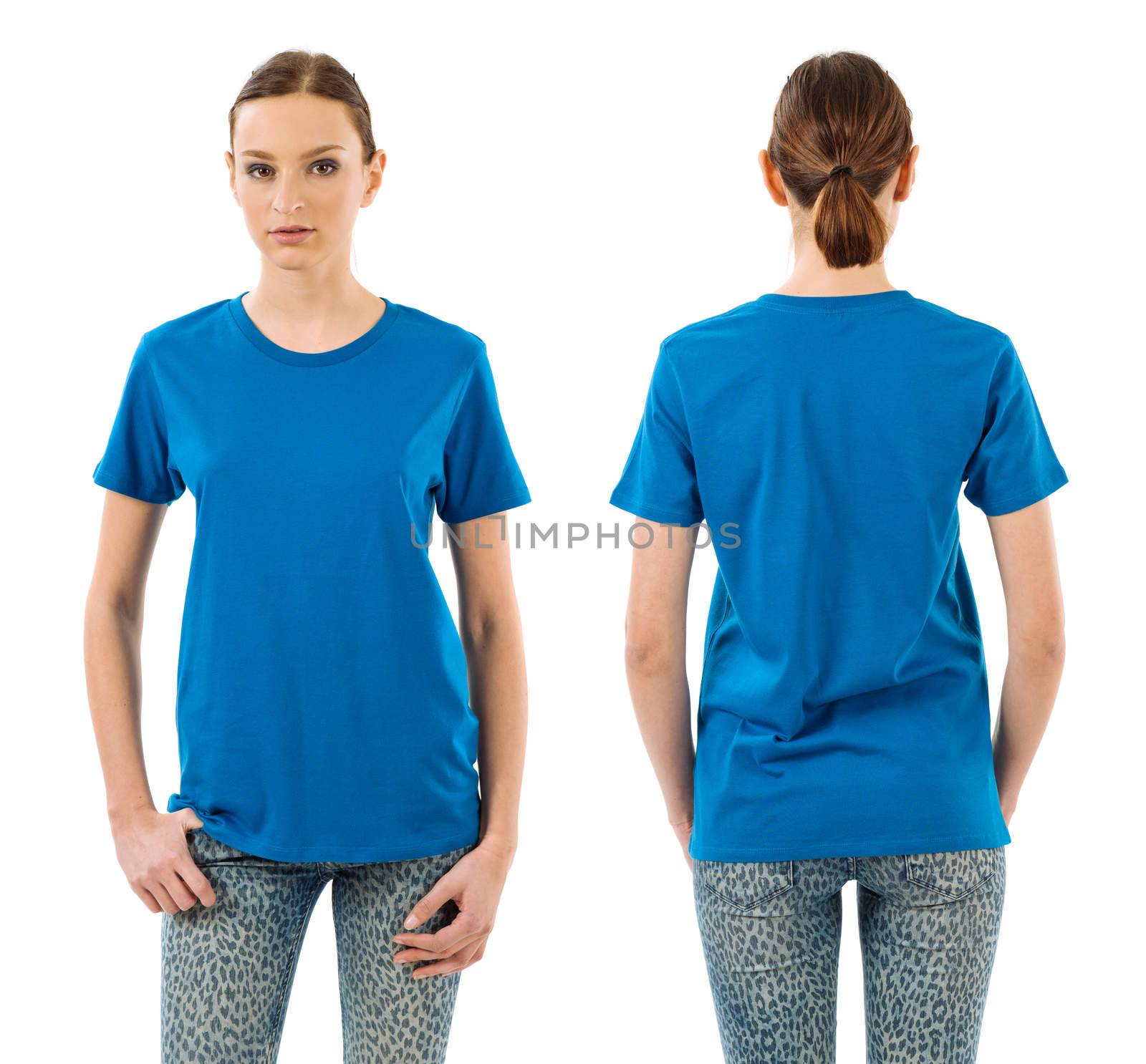 Serious woman with blank blue shirt by sumners