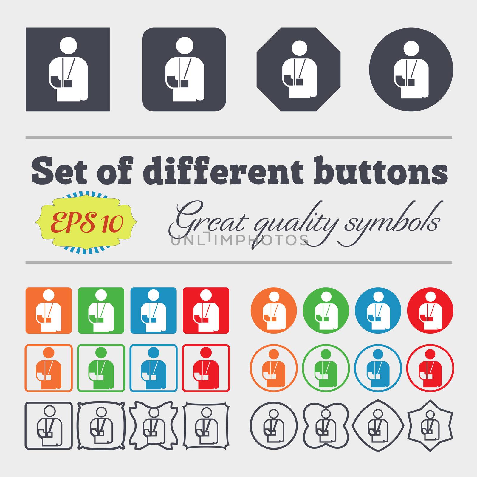 broken arm, disability icon sign. Big set of colorful, diverse, high-quality buttons. illustration