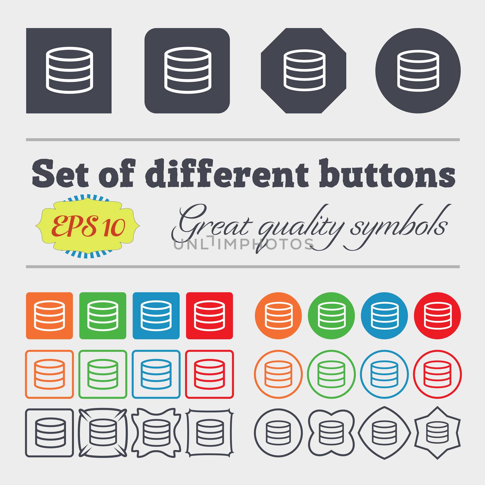 Hard disk and database icon sign Big set of colorful, diverse, high-quality buttons.  by serhii_lohvyniuk