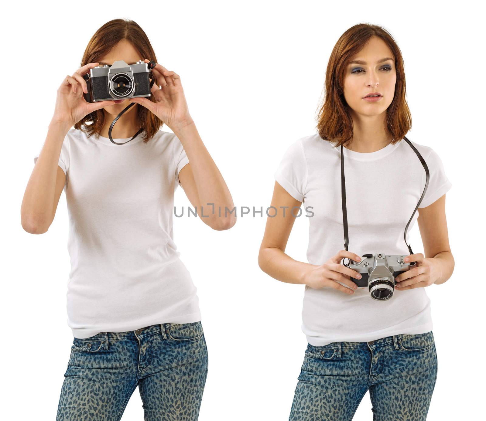 Photo of a young beautiful sexy woman with blank white shirt, holding a vintage camera. Ready for your design or artwork.
