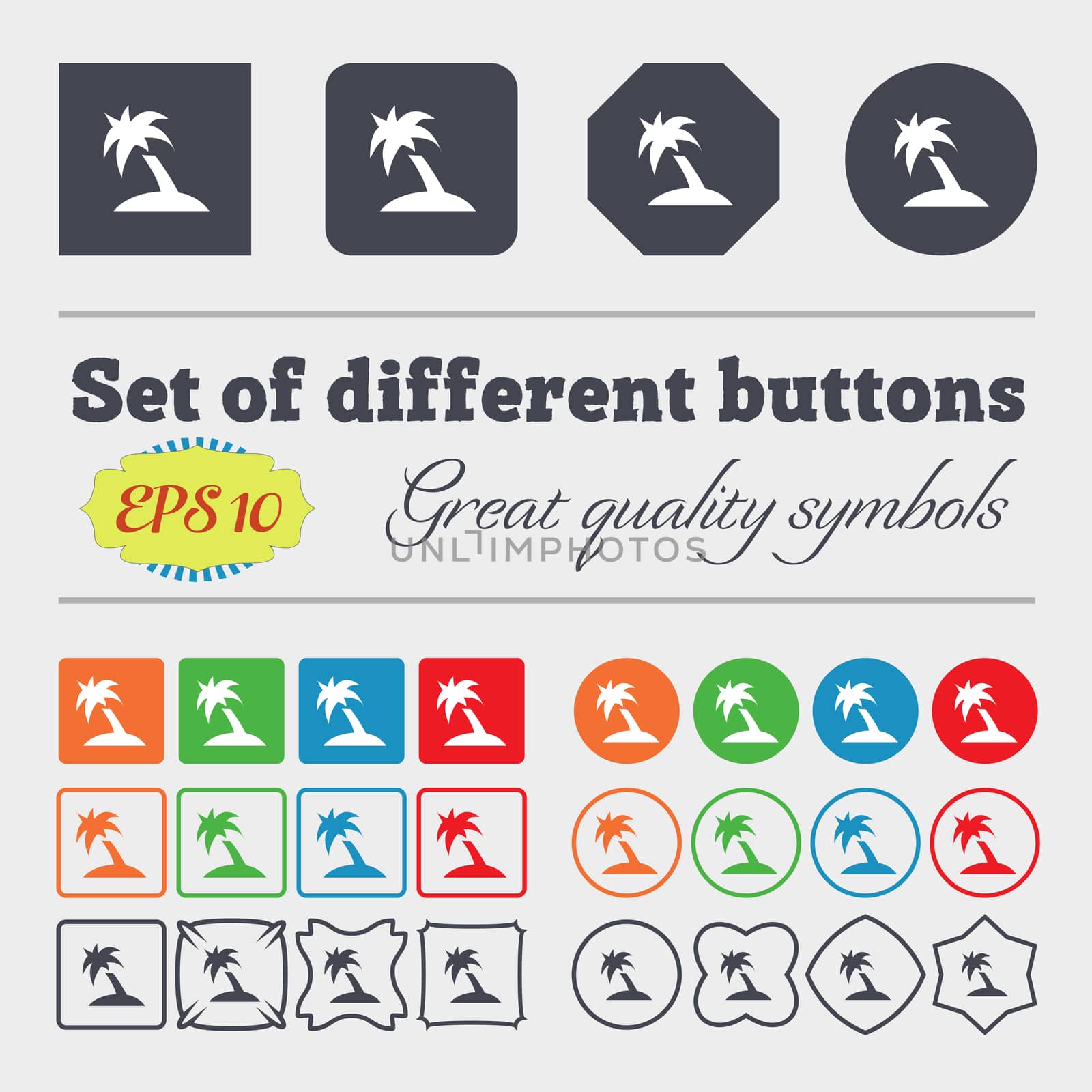 Palm Tree, Travel trip icon sign Big set of colorful, diverse, high-quality buttons.  by serhii_lohvyniuk