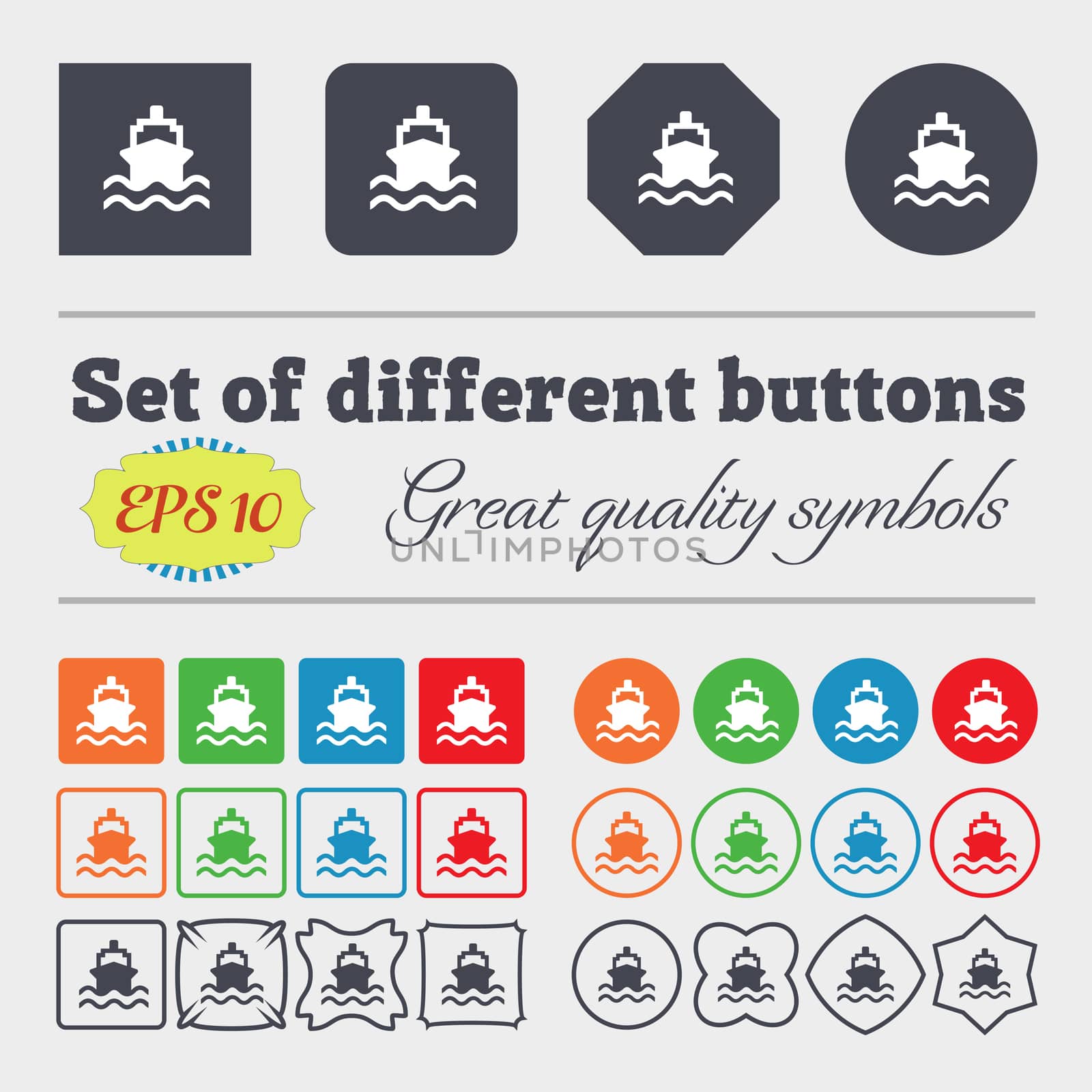 ship icon sign Big set of colorful, diverse, high-quality buttons. illustration