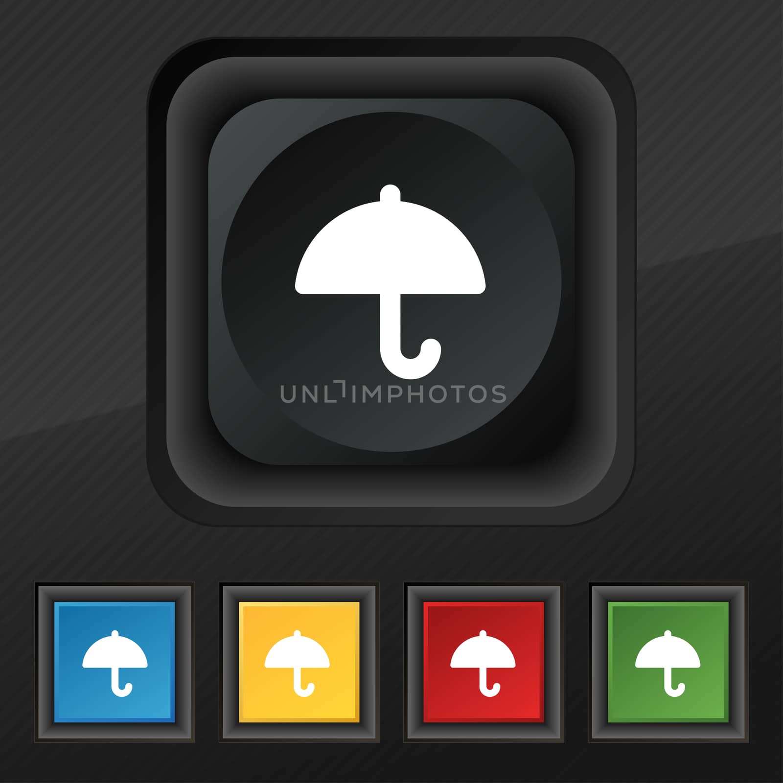 Umbrella icon symbol. Set of five colorful, stylish buttons on black texture for your design.  by serhii_lohvyniuk