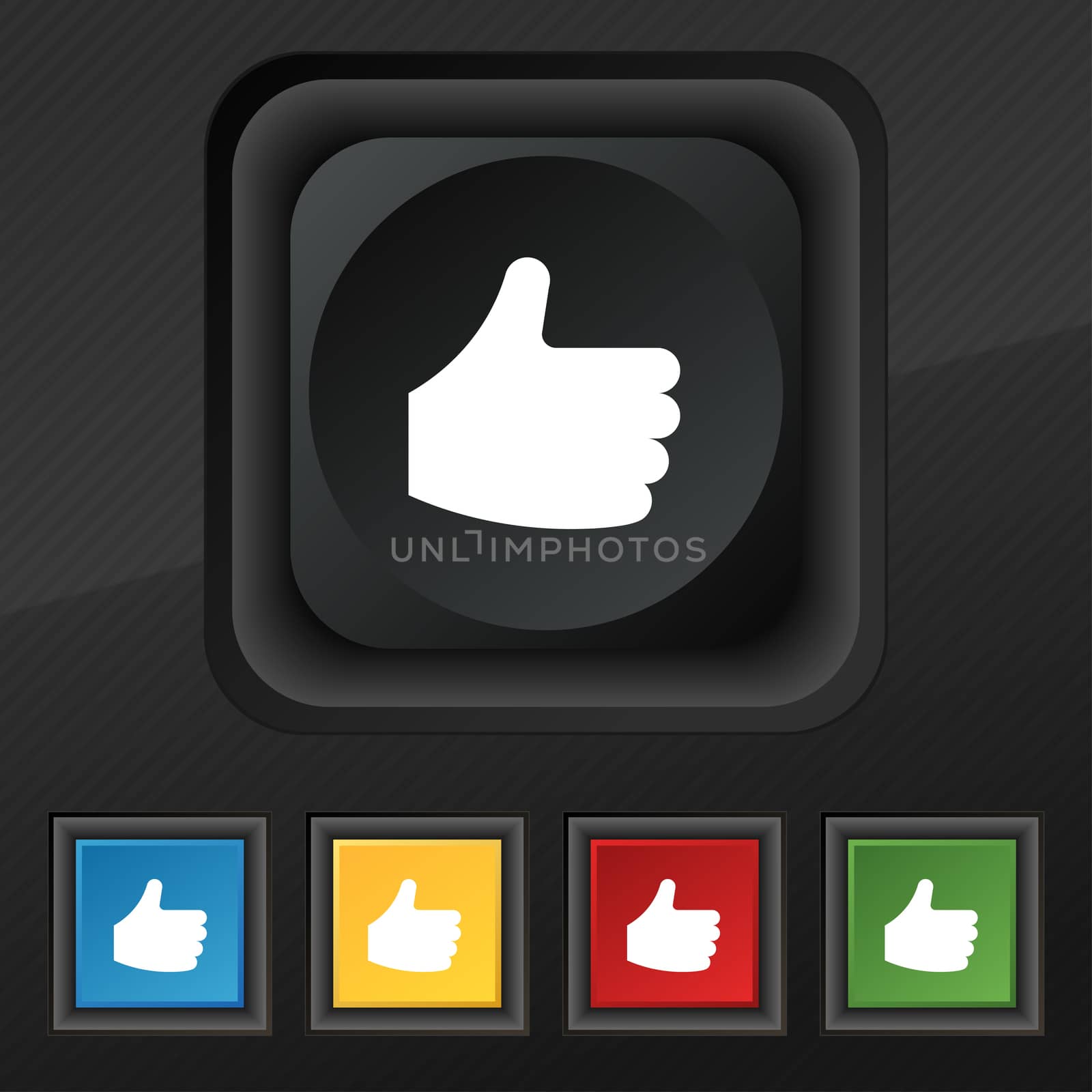 Like, Thumb up icon symbol. Set of five colorful, stylish buttons on black texture for your design.  by serhii_lohvyniuk