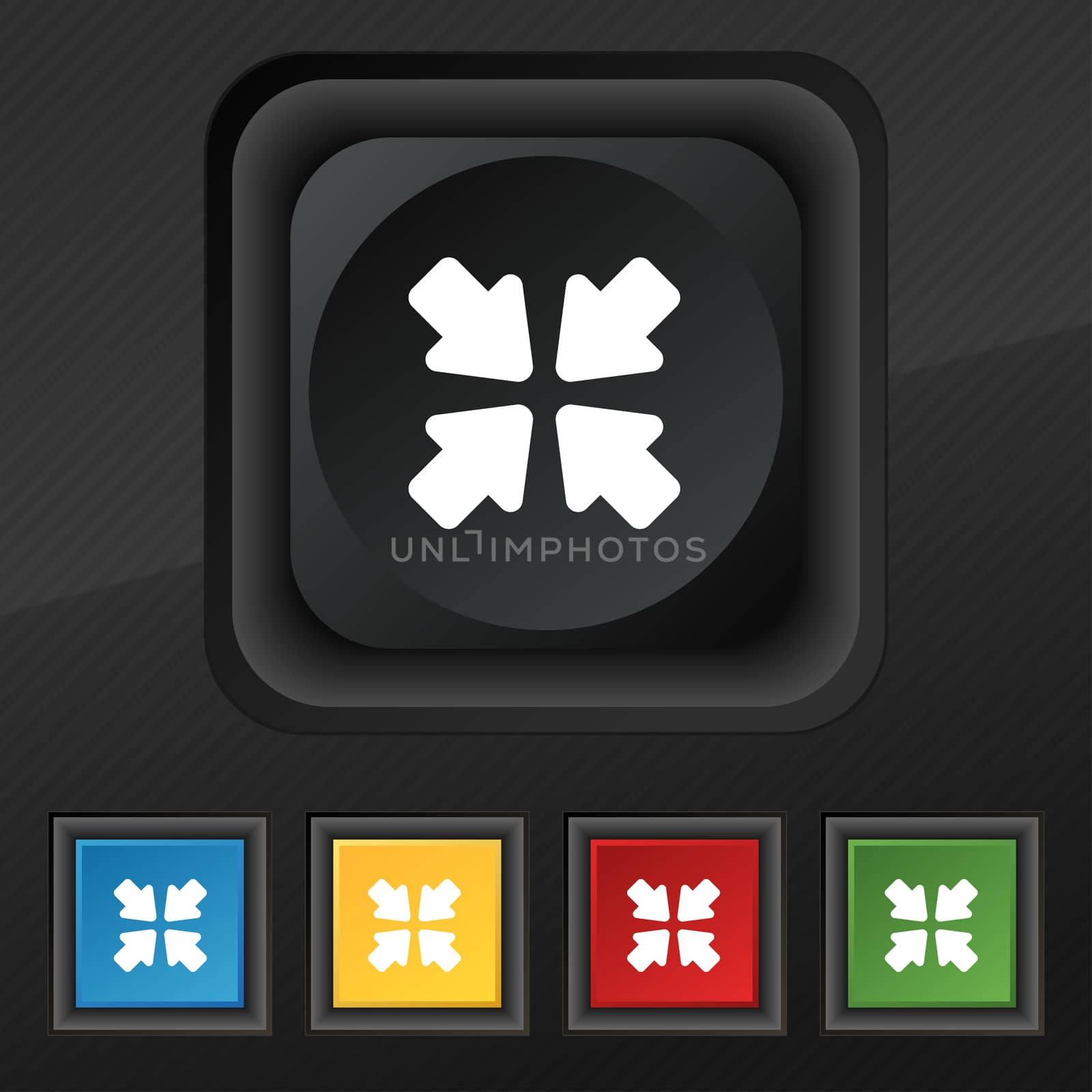 turn to full screen icon symbol. Set of five colorful, stylish buttons on black texture for your design. illustration