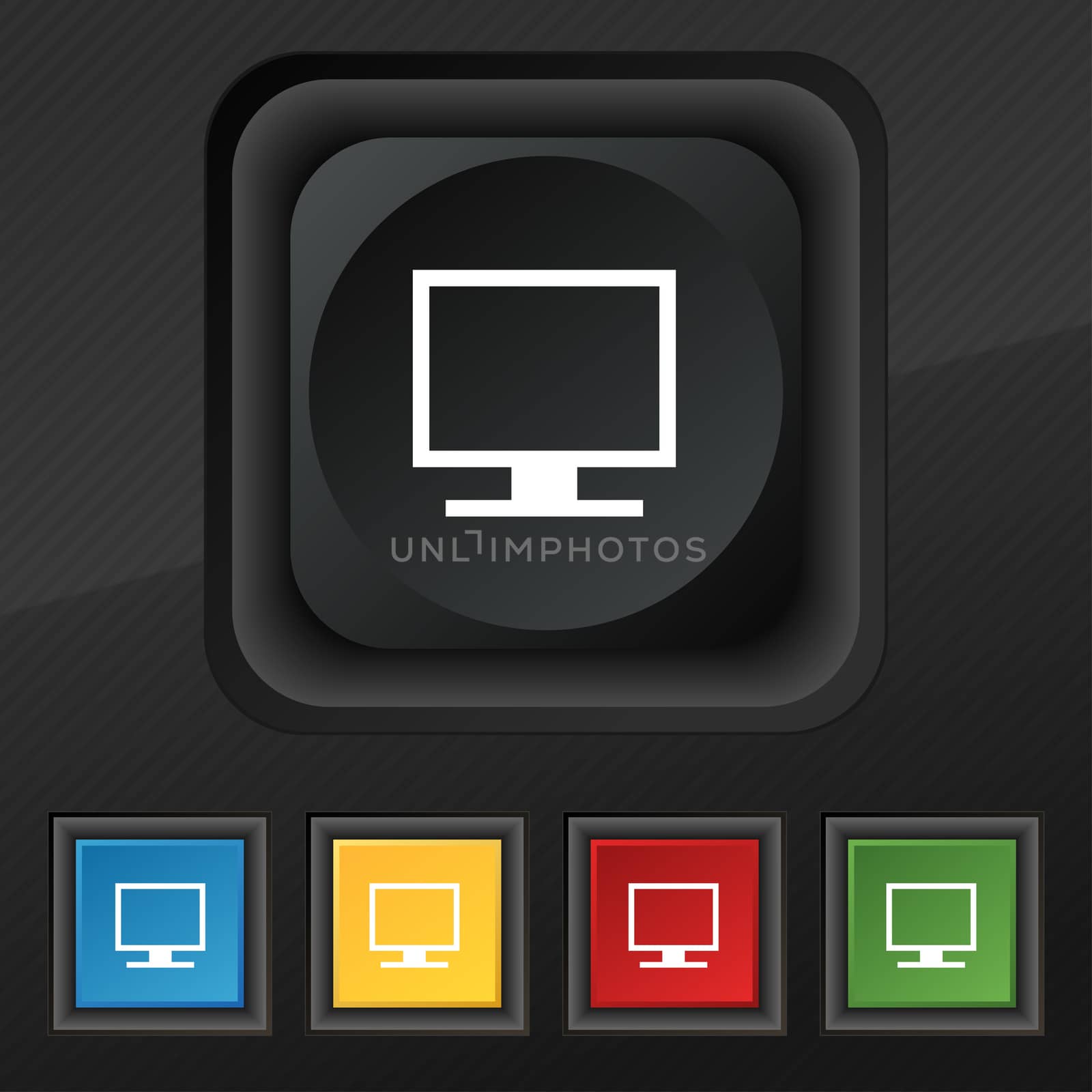 Computer widescreen monitor icon symbol. Set of five colorful, stylish buttons on black texture for your design. illustration