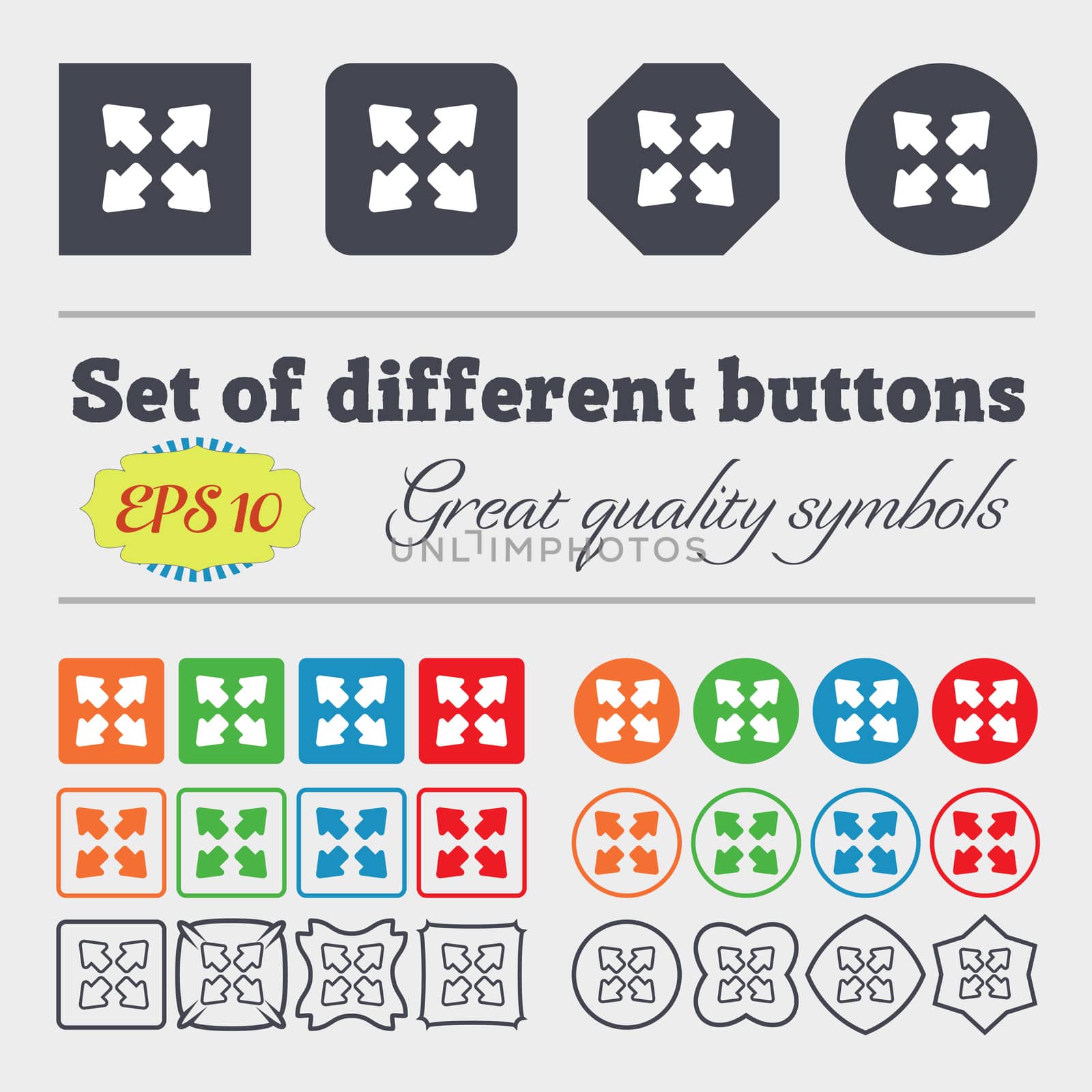 Deploying video, screen size icon sign. Big set of colorful, diverse, high-quality buttons. illustration