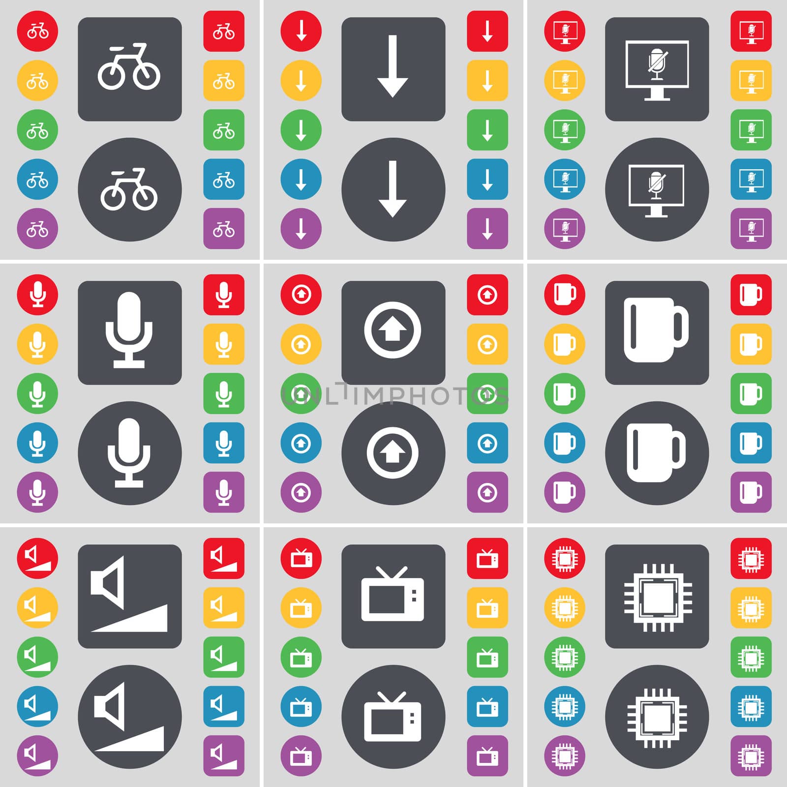 Bicycle, Arrow down, Monitor, Microphone, Arrow up, Cup, Volume, TV, Processor icon symbol. A large set of flat, colored buttons for your design. illustration