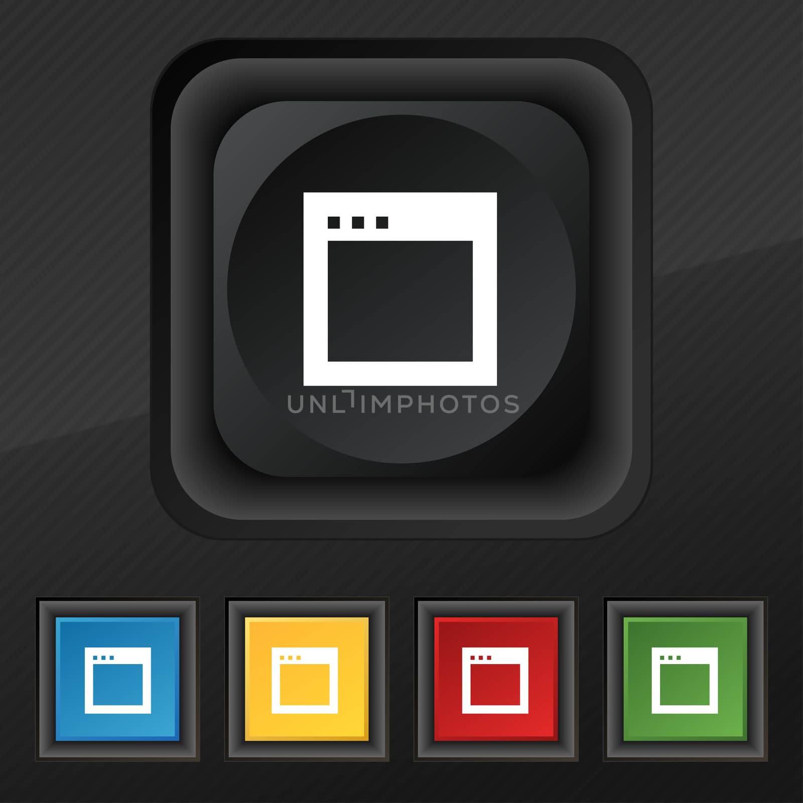 Simple Browser window icon symbol. Set of five colorful, stylish buttons on black texture for your design. illustration