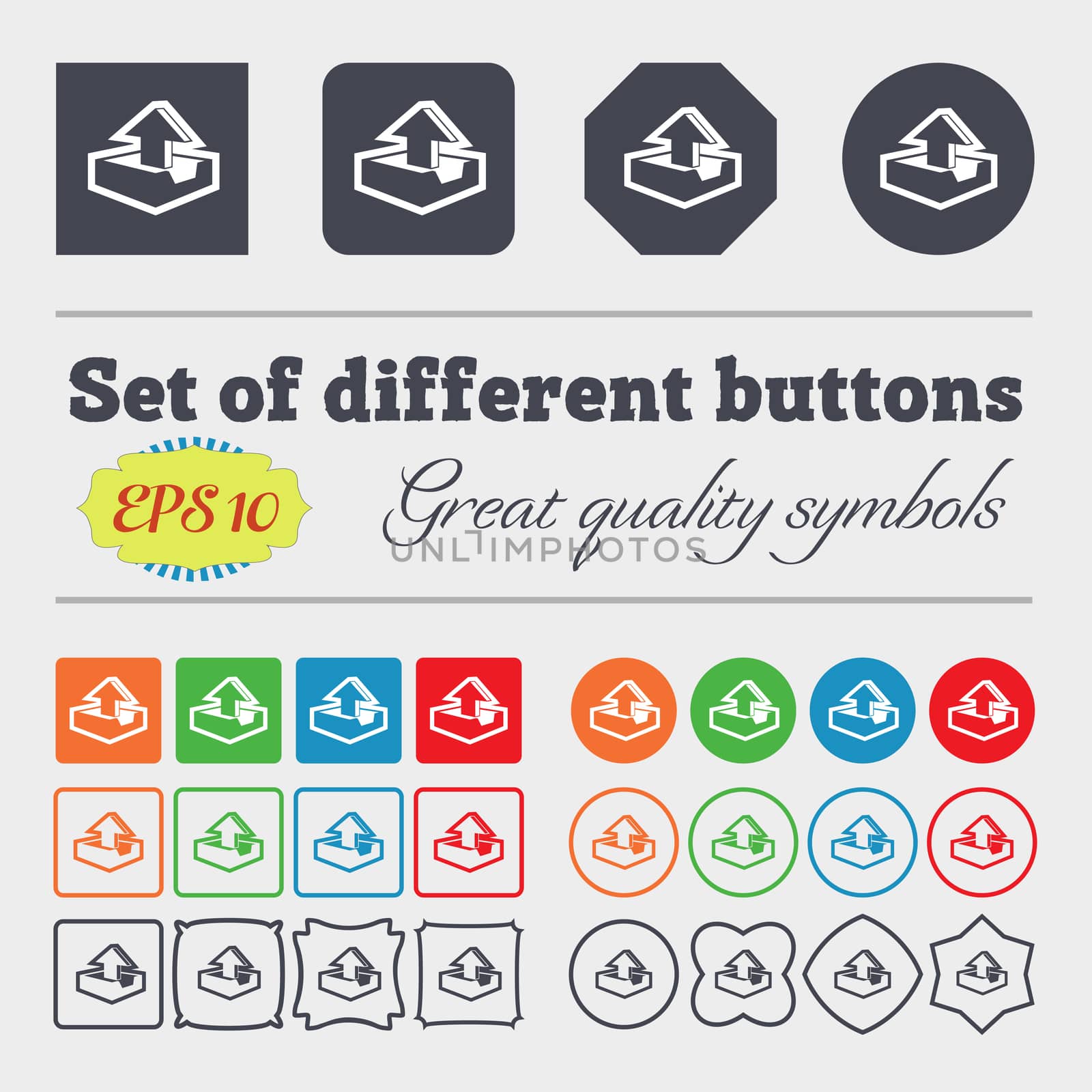 Upload icon sign. Big set of colorful, diverse, high-quality buttons. illustration