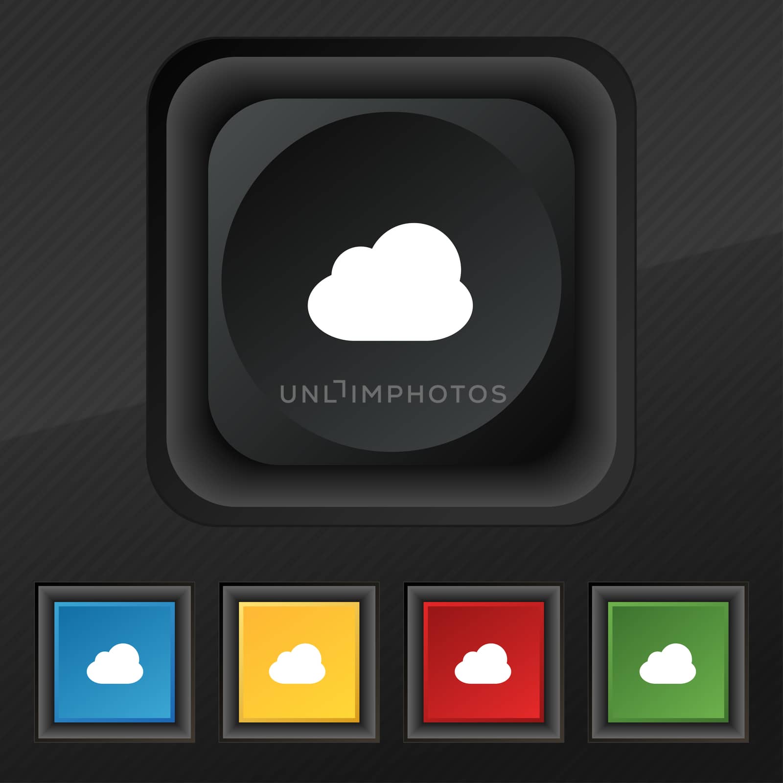 Cloud icon symbol. Set of five colorful, stylish buttons on black texture for your design.  by serhii_lohvyniuk