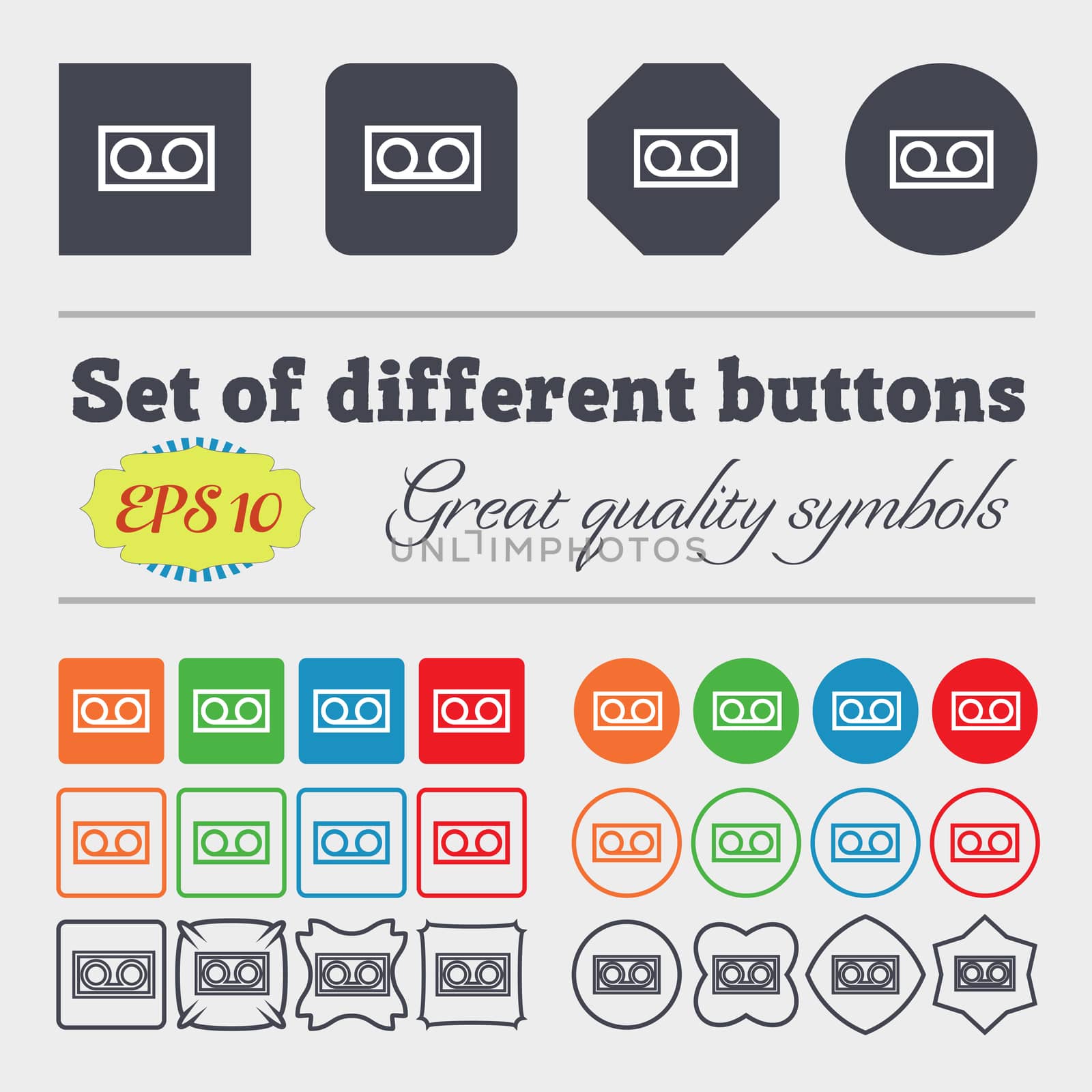 audio cassette icon sign. Big set of colorful, diverse, high-quality buttons. illustration