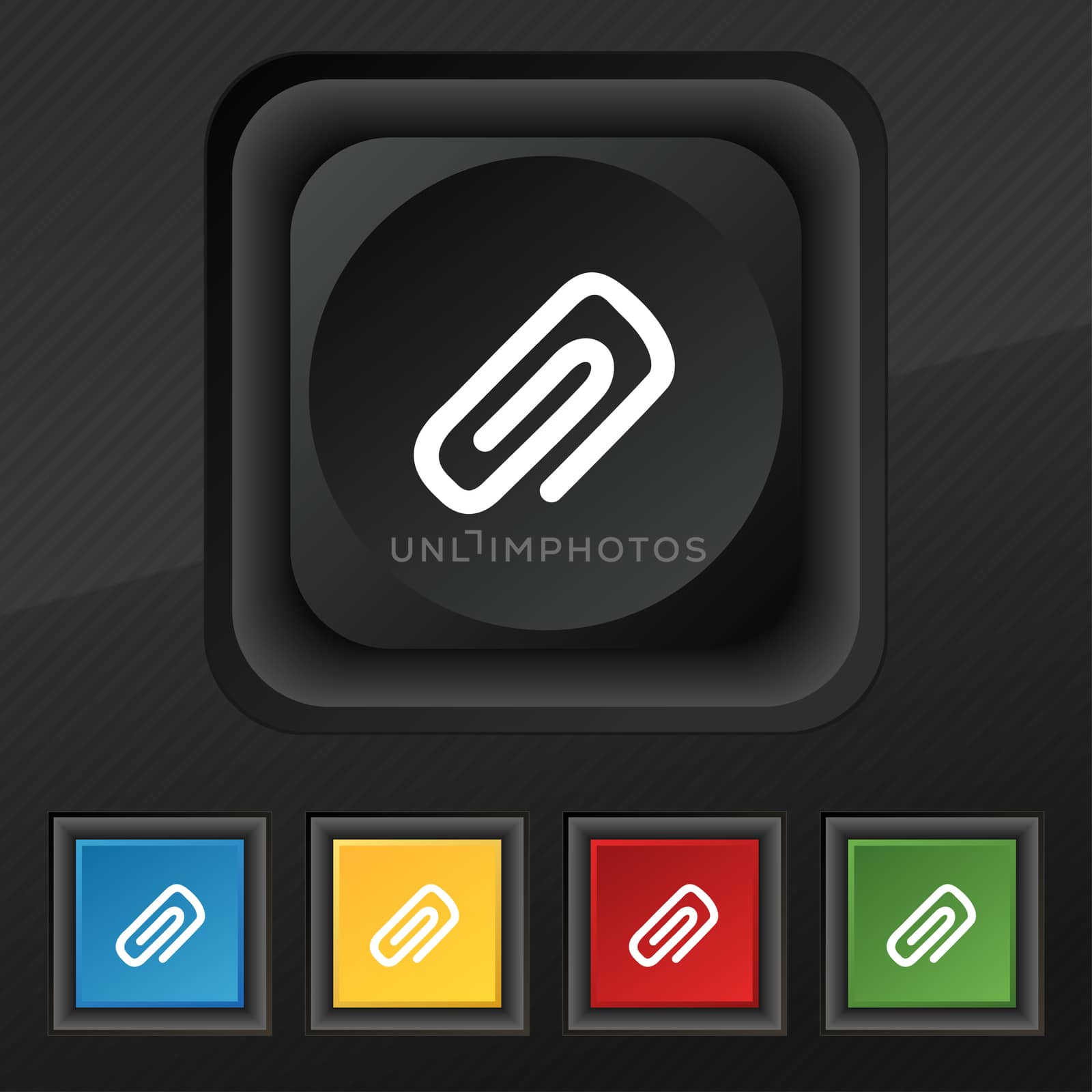 clip to paper icon symbol. Set of five colorful, stylish buttons on black texture for your design.  by serhii_lohvyniuk