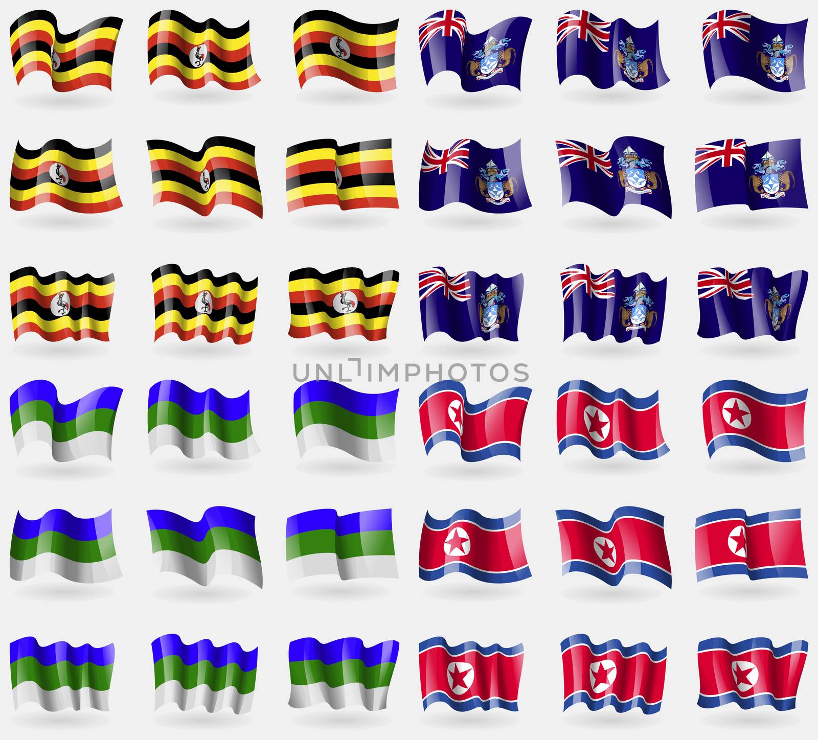 Uganda, Tristan da Cunha, Komi, Korea North. Set of 36 flags of the countries of the world. illustration