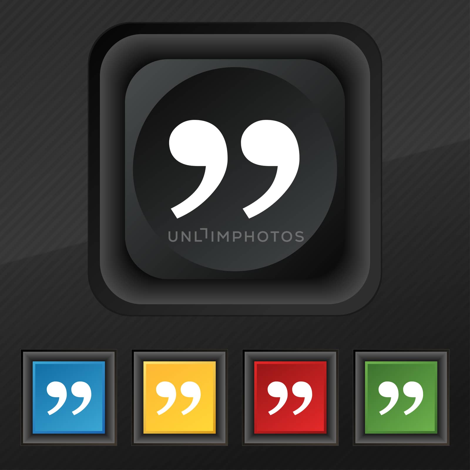 Double quotes at the end of words icon symbol. Set of five colorful, stylish buttons on black texture for your design. illustration
