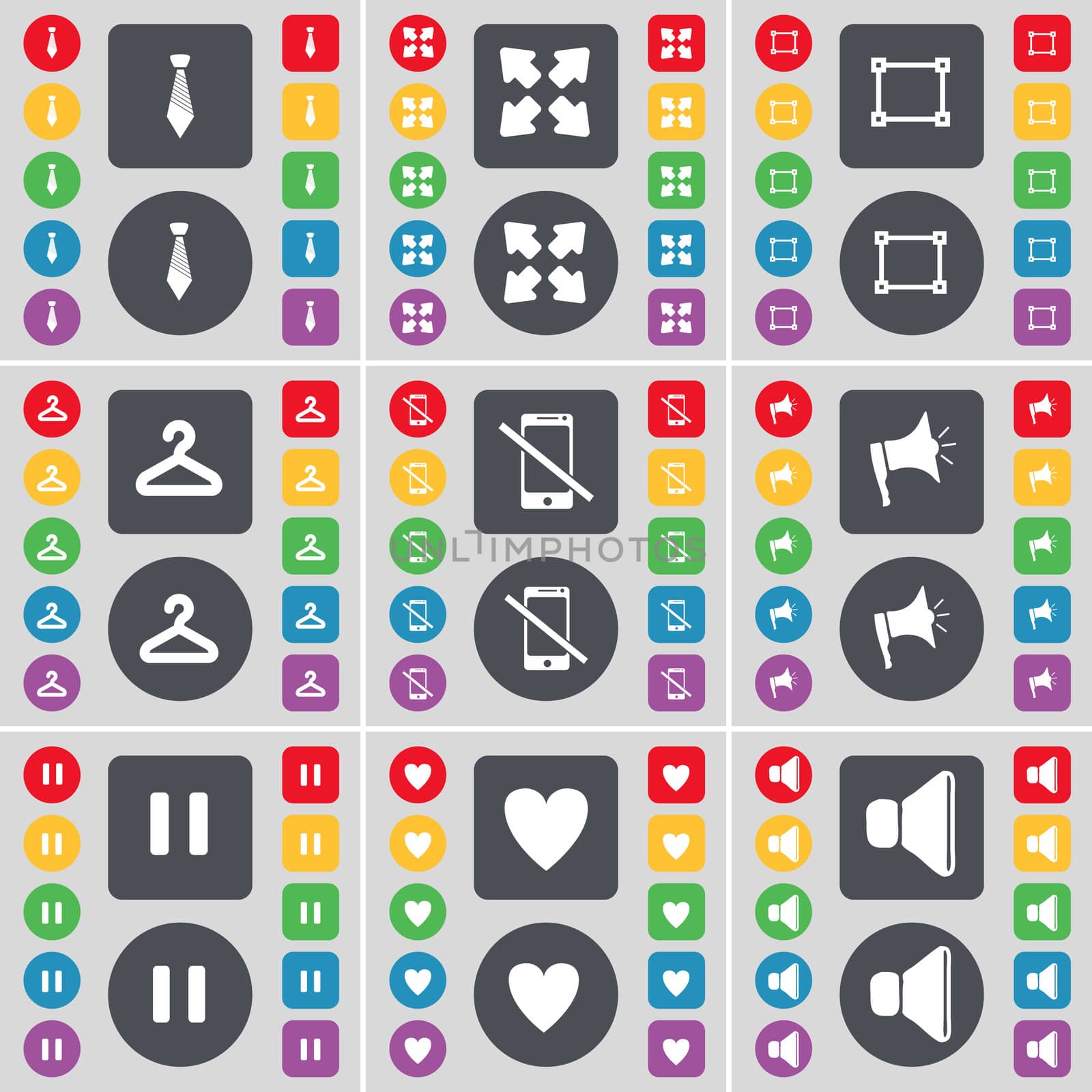 Tie, Full screen, File, Hanger, Smartphone, Megaphone, Pause, Heart, Sound icon symbol. A large set of flat, colored buttons for your design.  by serhii_lohvyniuk
