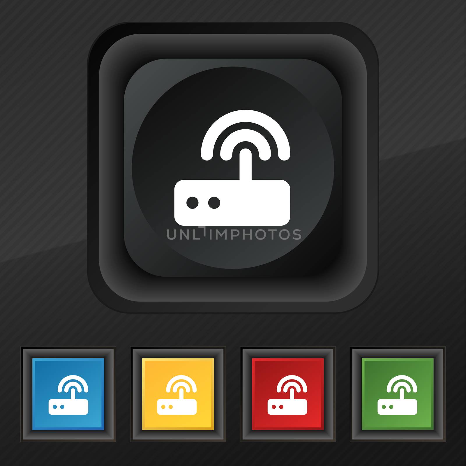 Wi fi router icon symbol. Set of five colorful, stylish buttons on black texture for your design. illustration