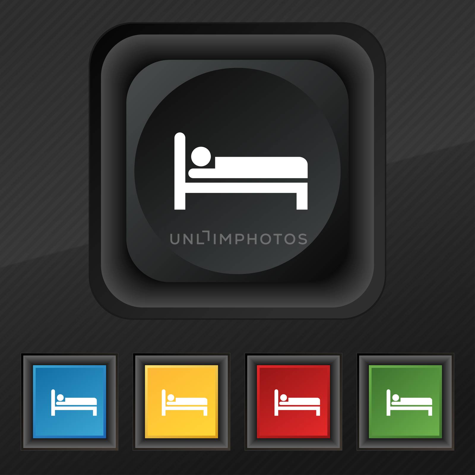 Hotel icon symbol. Set of five colorful, stylish buttons on black texture for your design.  by serhii_lohvyniuk