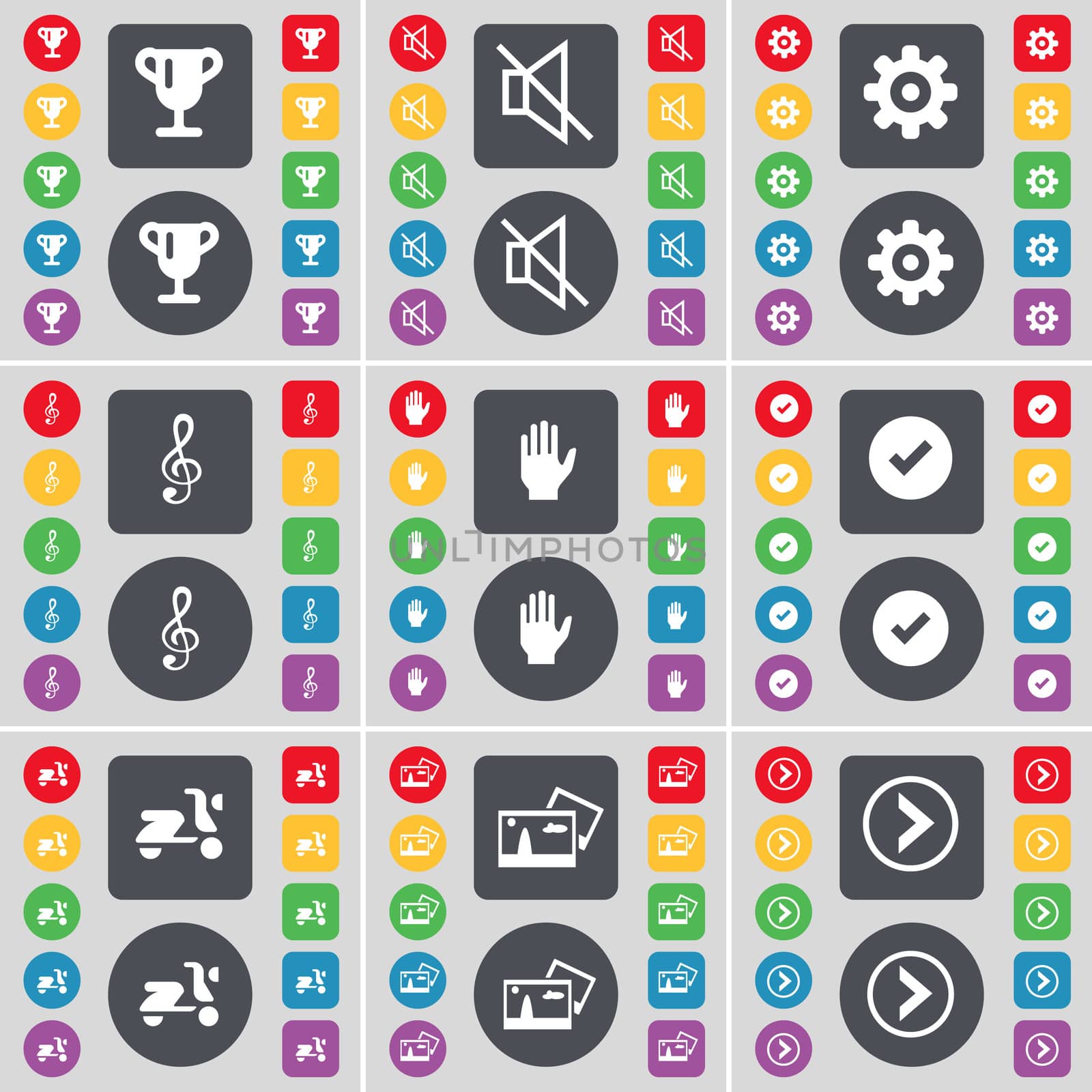 Cup, Mute, Gear, Clef, Hand, Tick, Scooter, Picture, Arrow right icon symbol. A large set of flat, colored buttons for your design. illustration