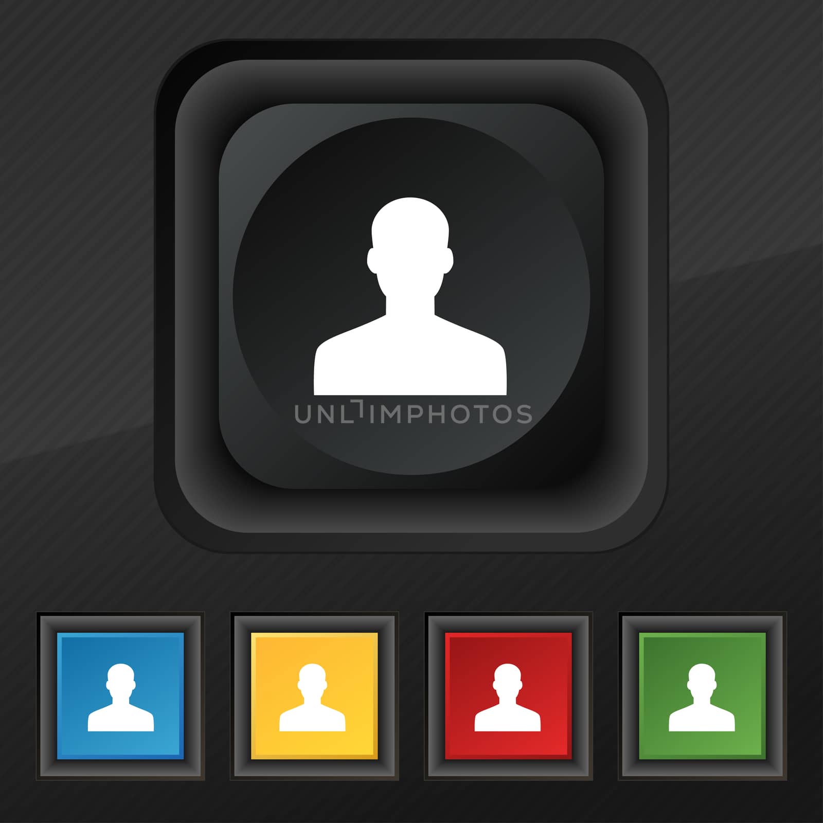 User, Person, Log in icon symbol. Set of five colorful, stylish buttons on black texture for your design. illustration