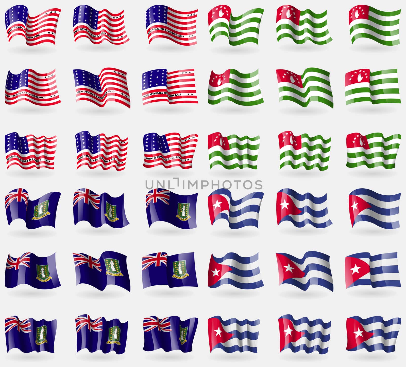 Bikini Atoll, Abkhazia, VirginIslandsUK, Cuba. Set of 36 flags of the countries of the world.  by serhii_lohvyniuk