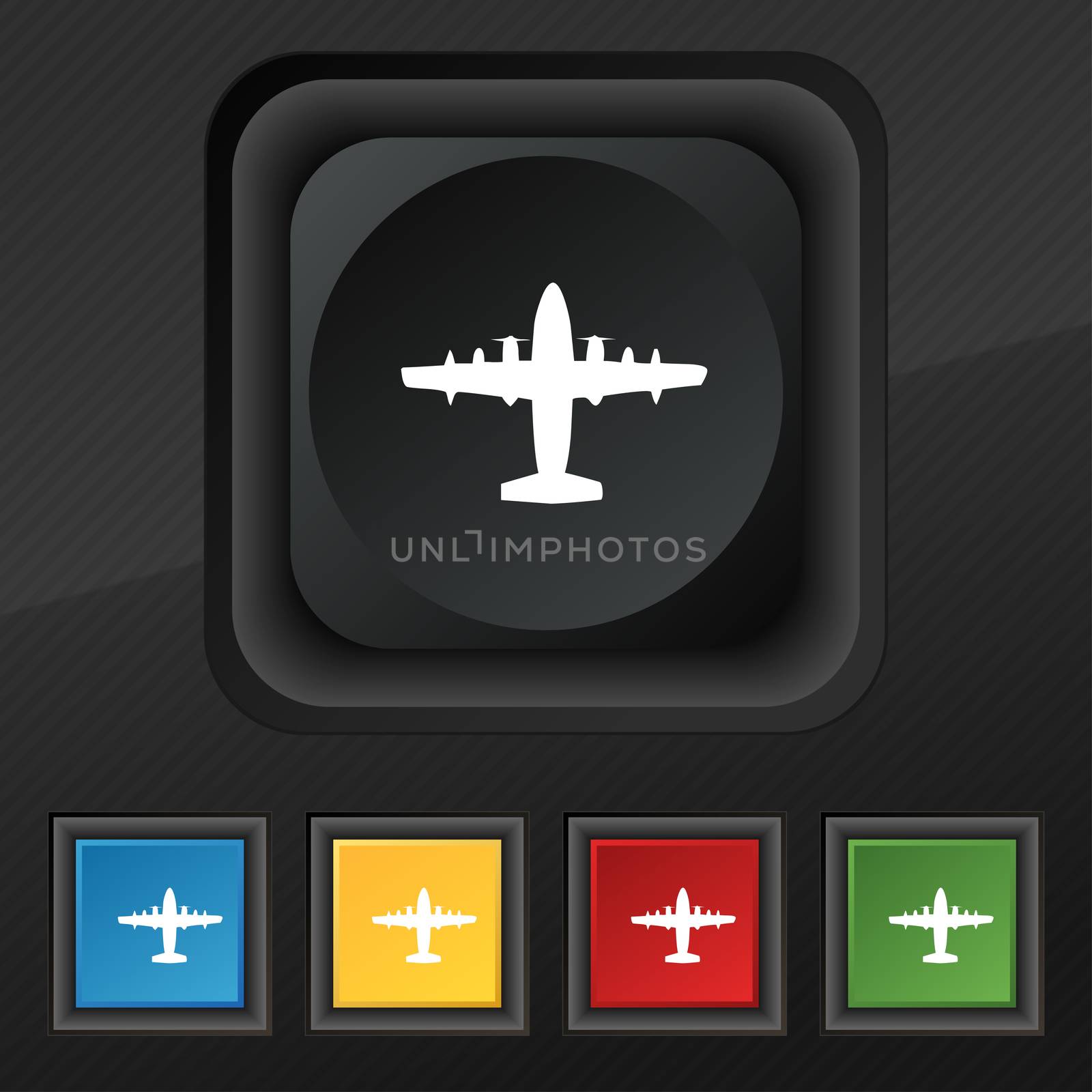aircraft icon symbol. Set of five colorful, stylish buttons on black texture for your design. illustration