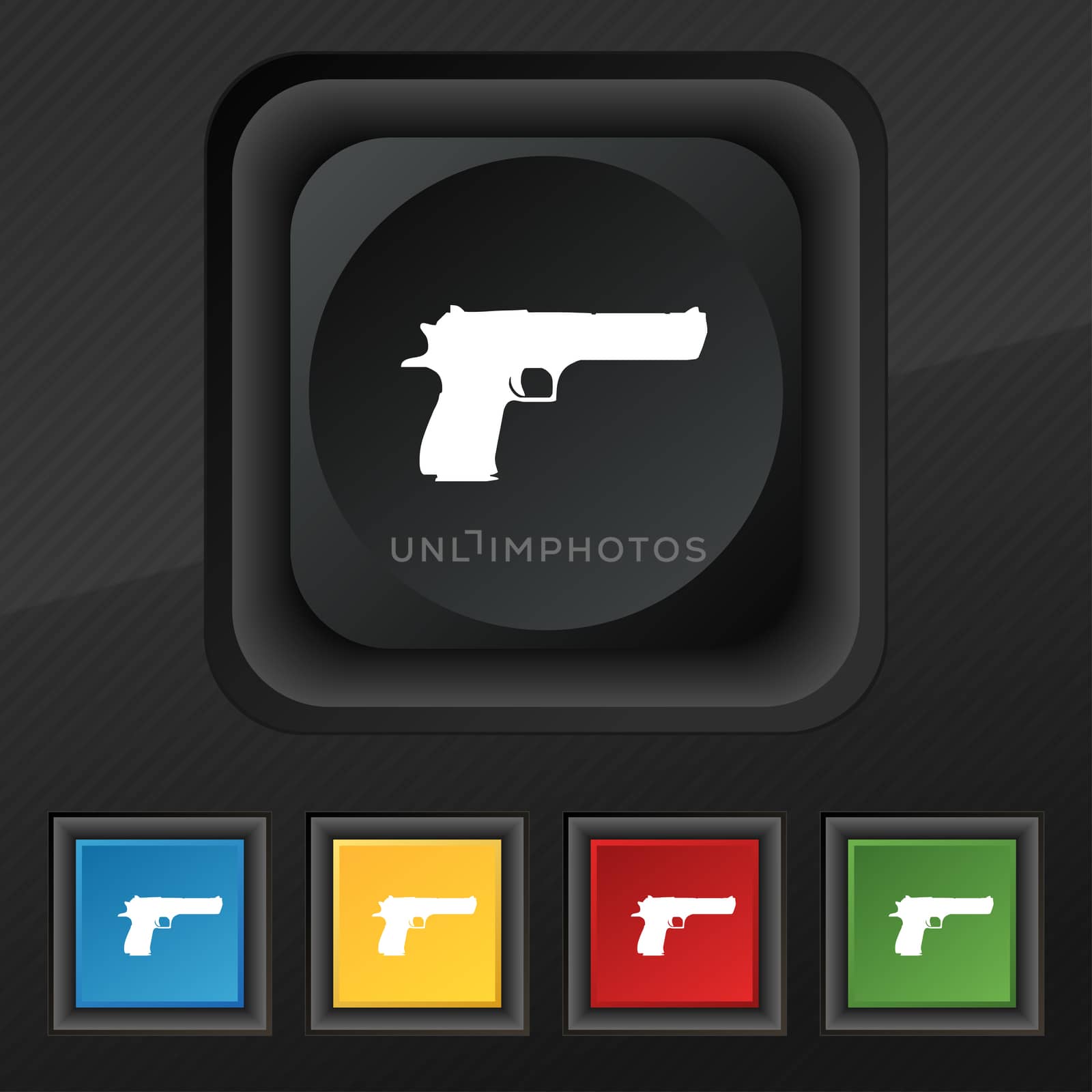 gun icon symbol. Set of five colorful, stylish buttons on black texture for your design. illustration