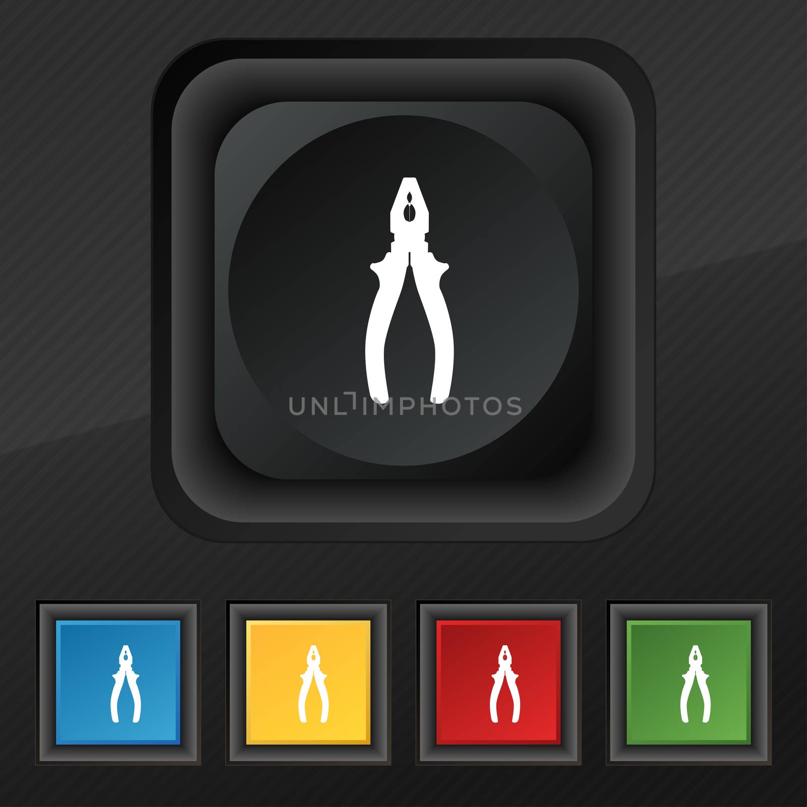 pliers icon symbol. Set of five colorful, stylish buttons on black texture for your design.  by serhii_lohvyniuk