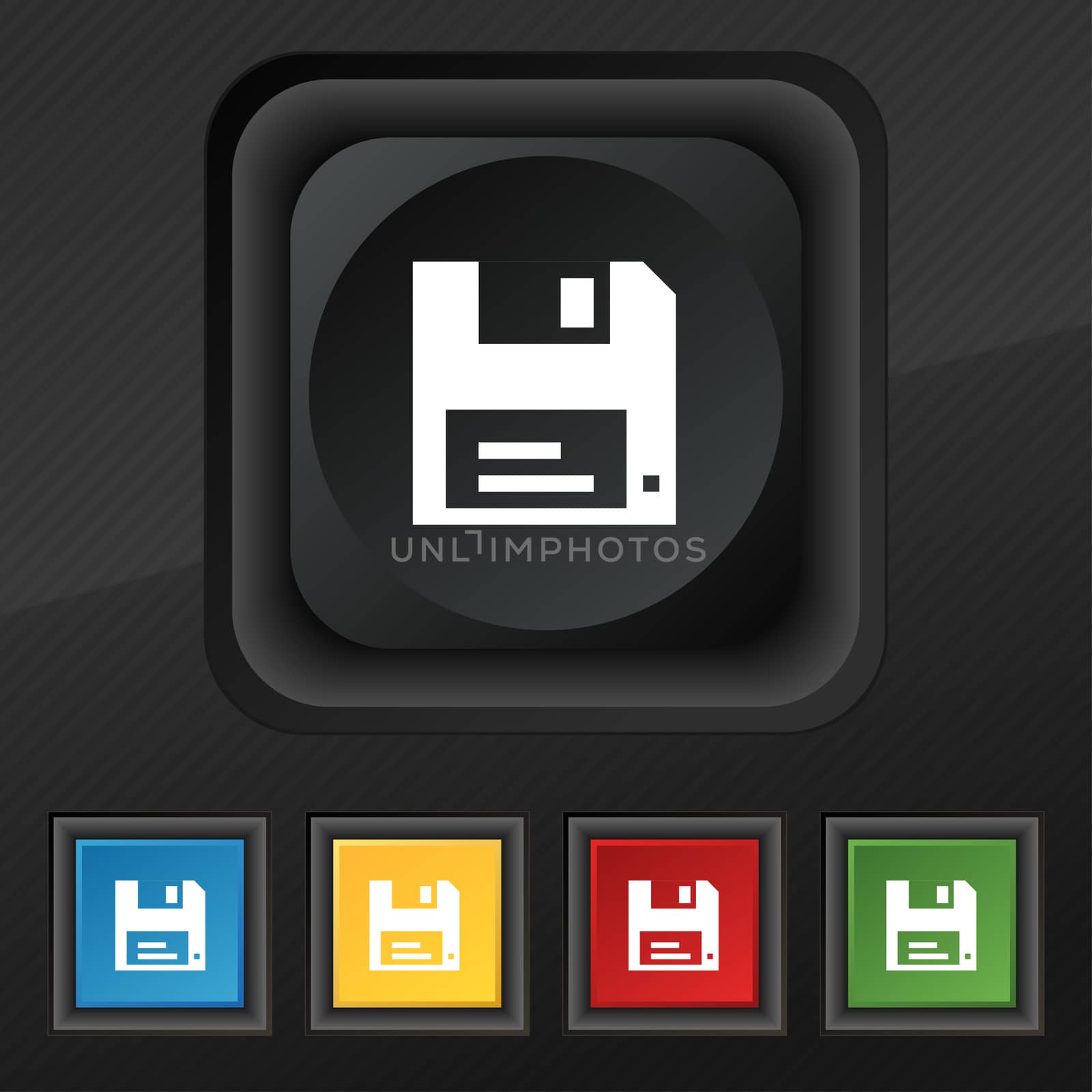 floppy icon symbol. Set of five colorful, stylish buttons on black texture for your design.  by serhii_lohvyniuk