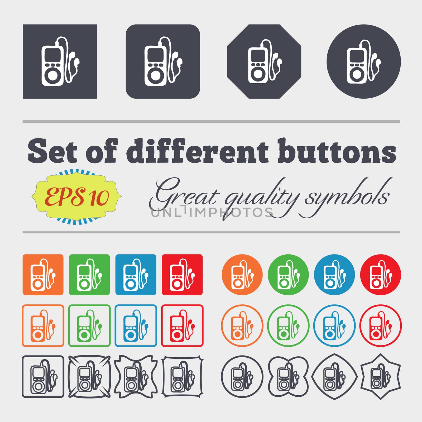 MP3 player, headphones, music icon sign. Big set of colorful, diverse, high-quality buttons. illustration