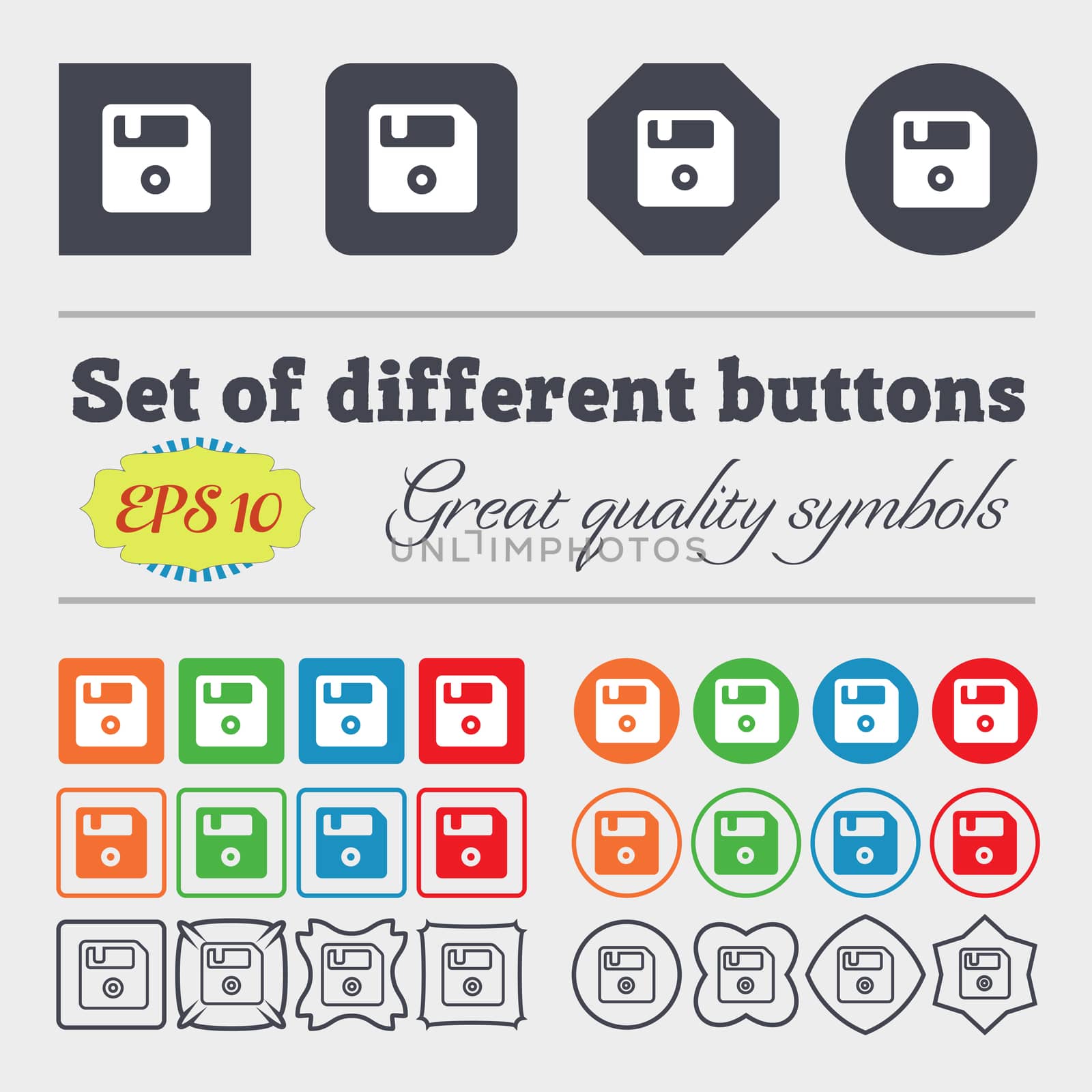 floppy icon sign. Big set of colorful, diverse, high-quality buttons. illustration