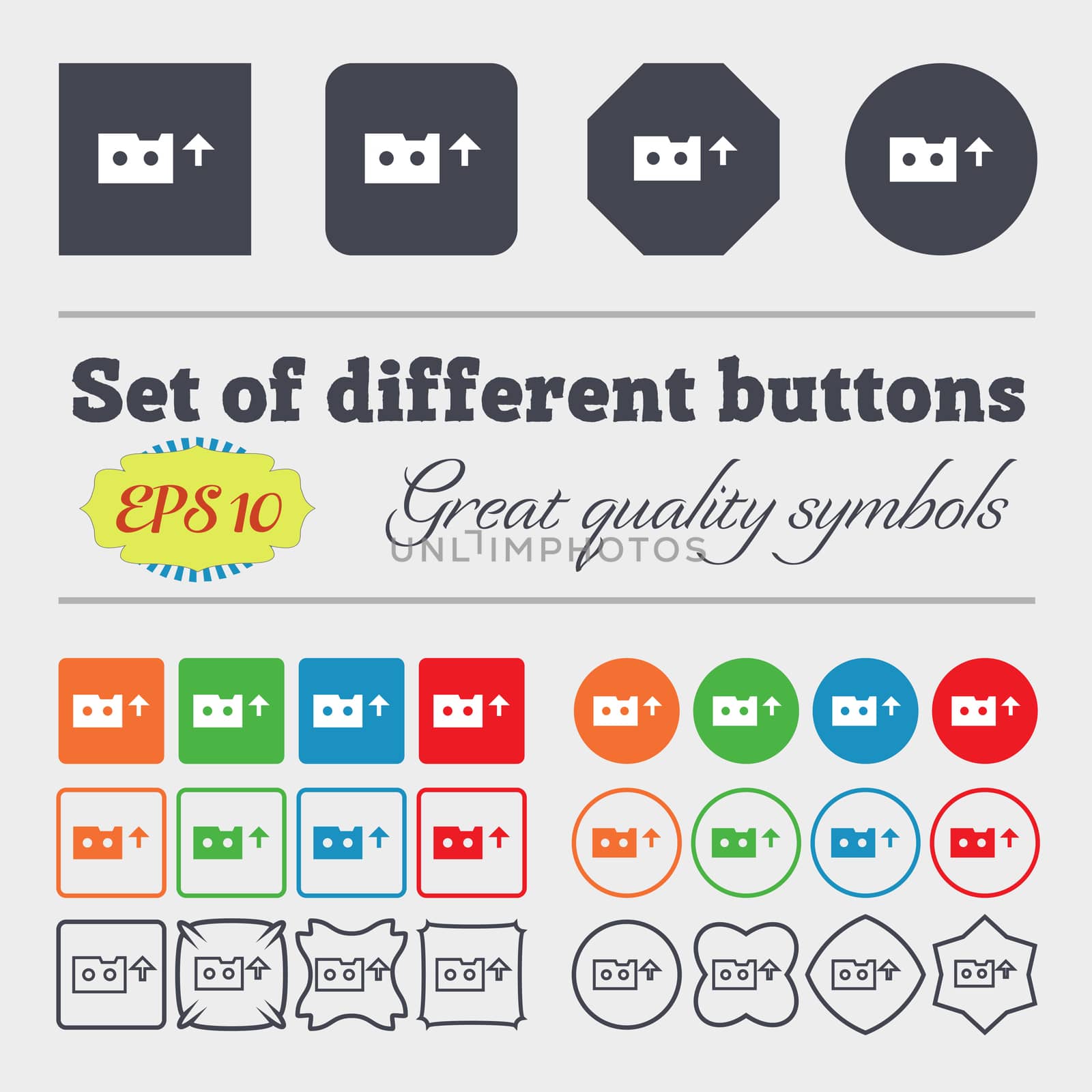 audio cassette icon sign. Big set of colorful, diverse, high-quality buttons. illustration