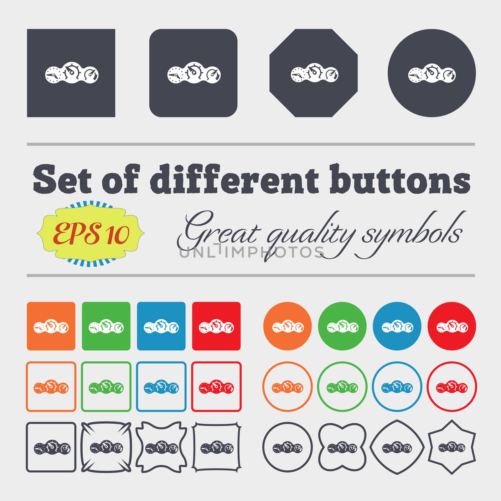 speed, speedometer icon sign. Big set of colorful, diverse, high-quality buttons. illustration