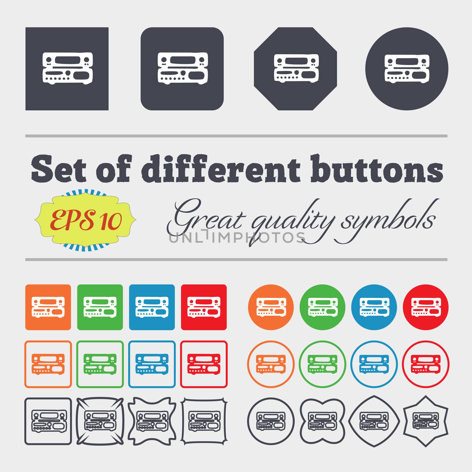 radio, receiver, amplifier icon sign. Big set of colorful, diverse, high-quality buttons. illustration
