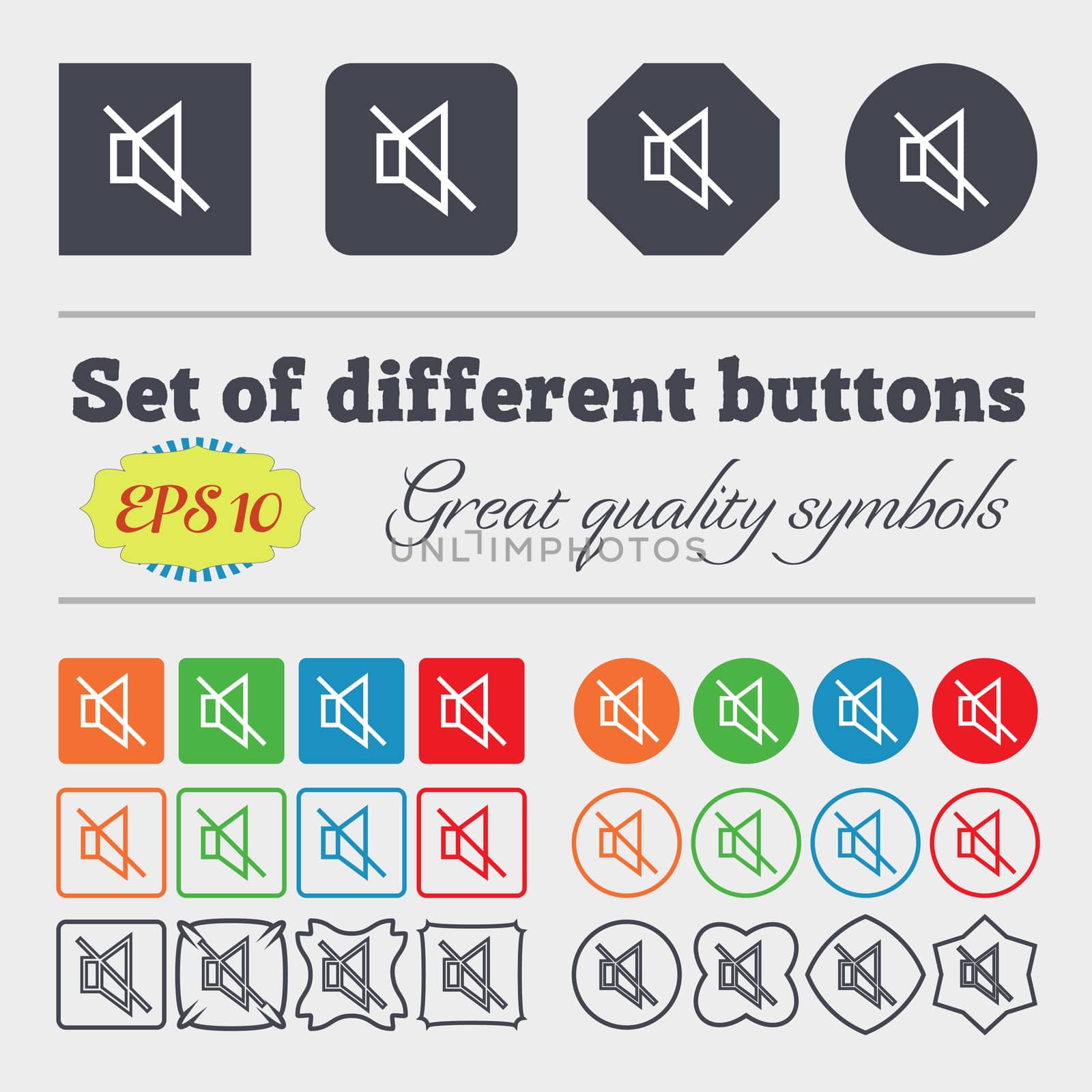 without sound, mute icon sign. Big set of colorful, diverse, high-quality buttons. illustration