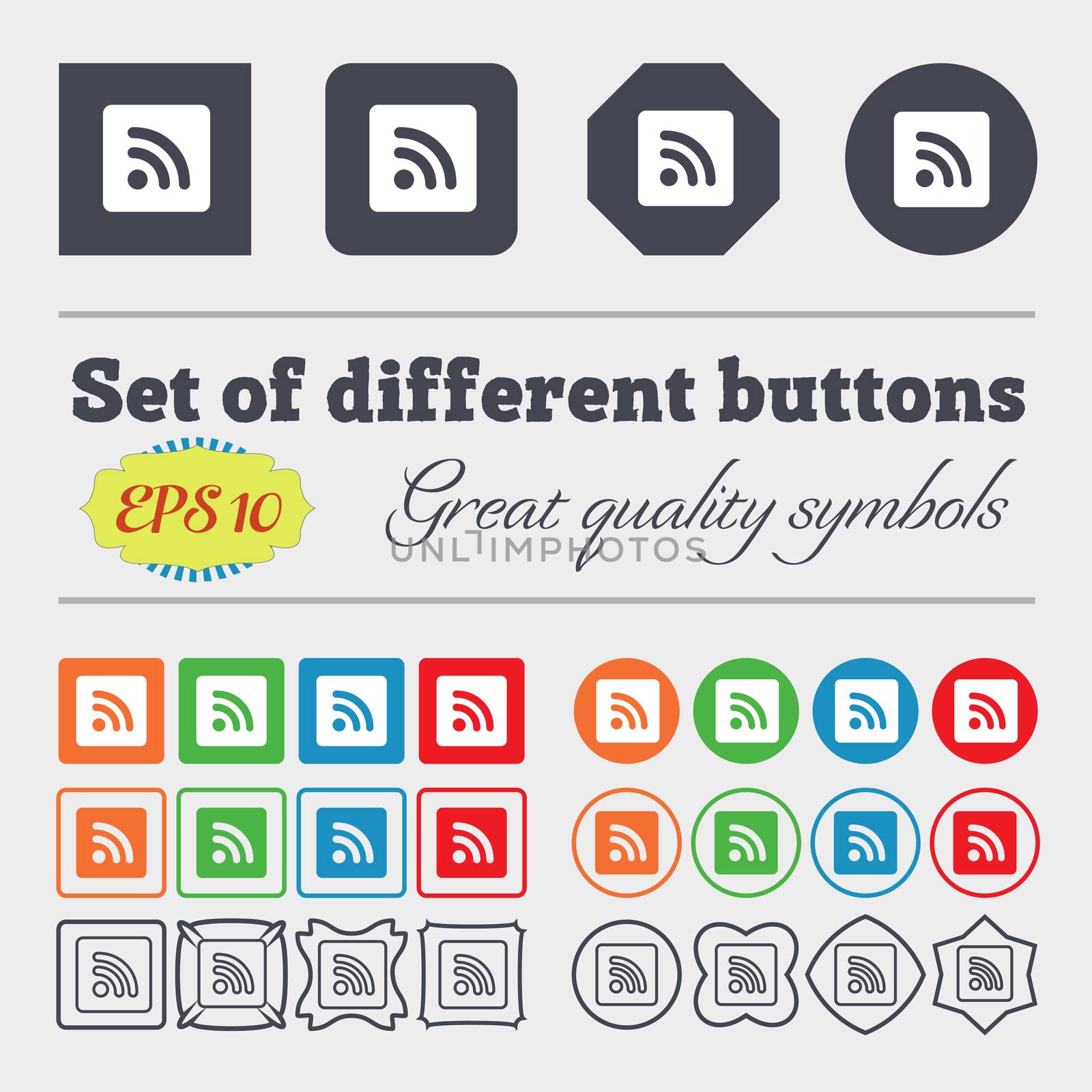 RSS feed icon sign. Big set of colorful, diverse, high-quality buttons. illustration