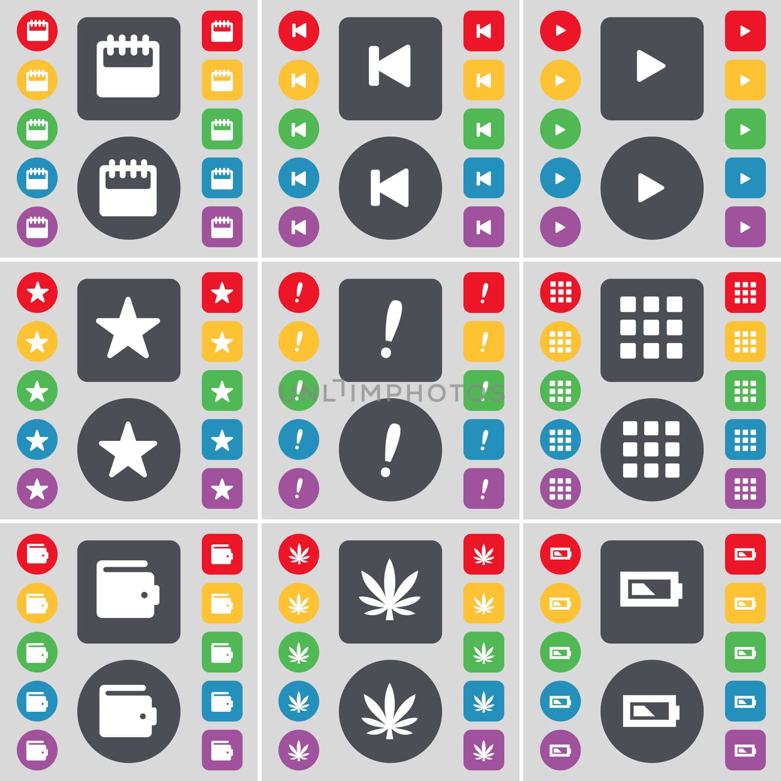 Calendar, Media skip, Media play, Star, Exclamation mark, Apps, Wallet, Marijuana, Battery icon symbol. A large set of flat, colored buttons for your design. illustration