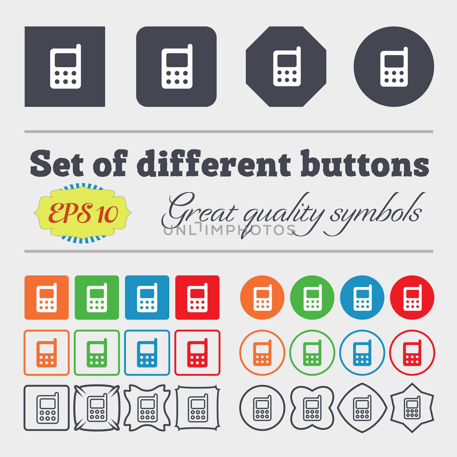 mobile phone icon sign. Big set of colorful, diverse, high-quality buttons. illustration